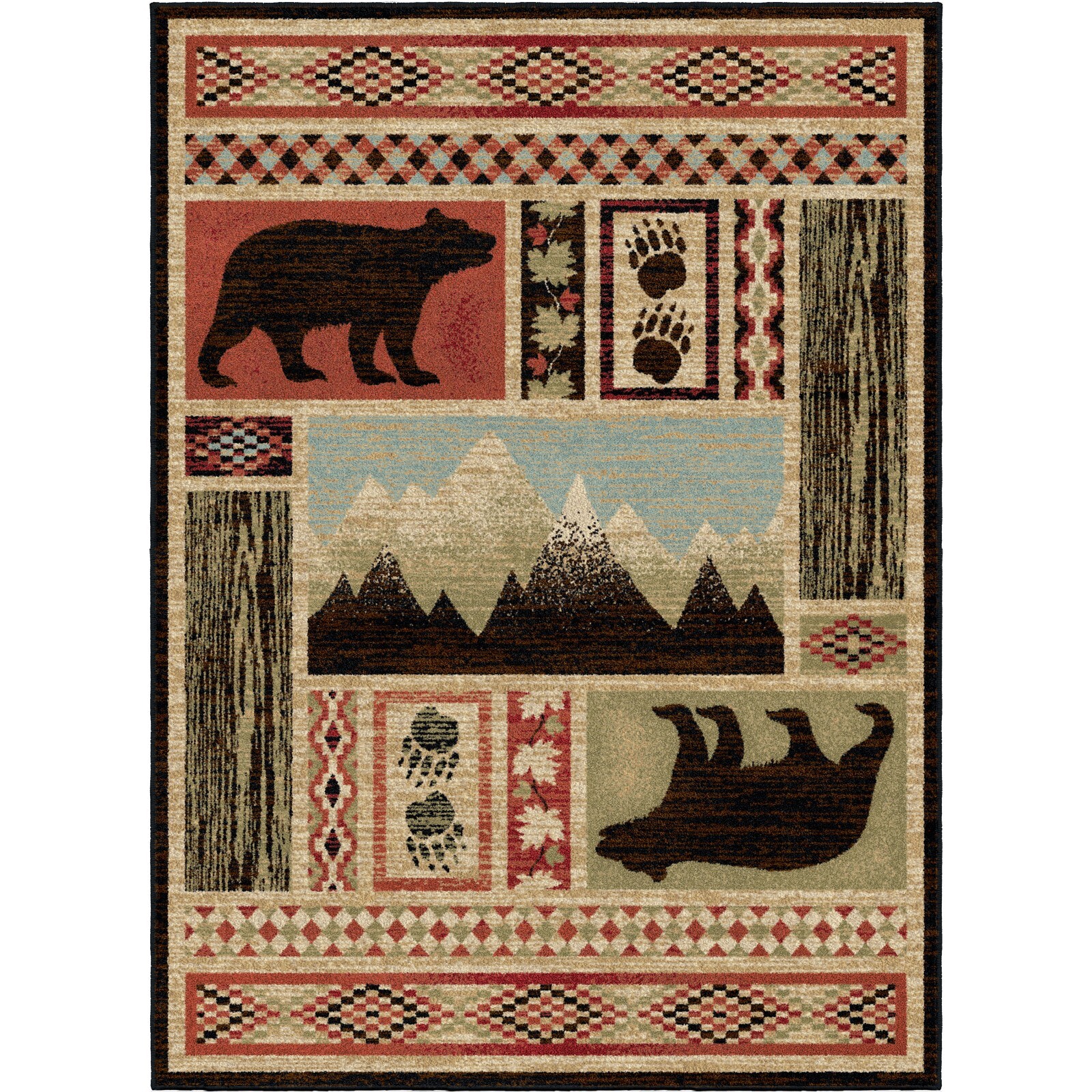 Aspen Round Area Rug Lodge Cabin Bear Paw Black Red Green *FREE SHIPPING*