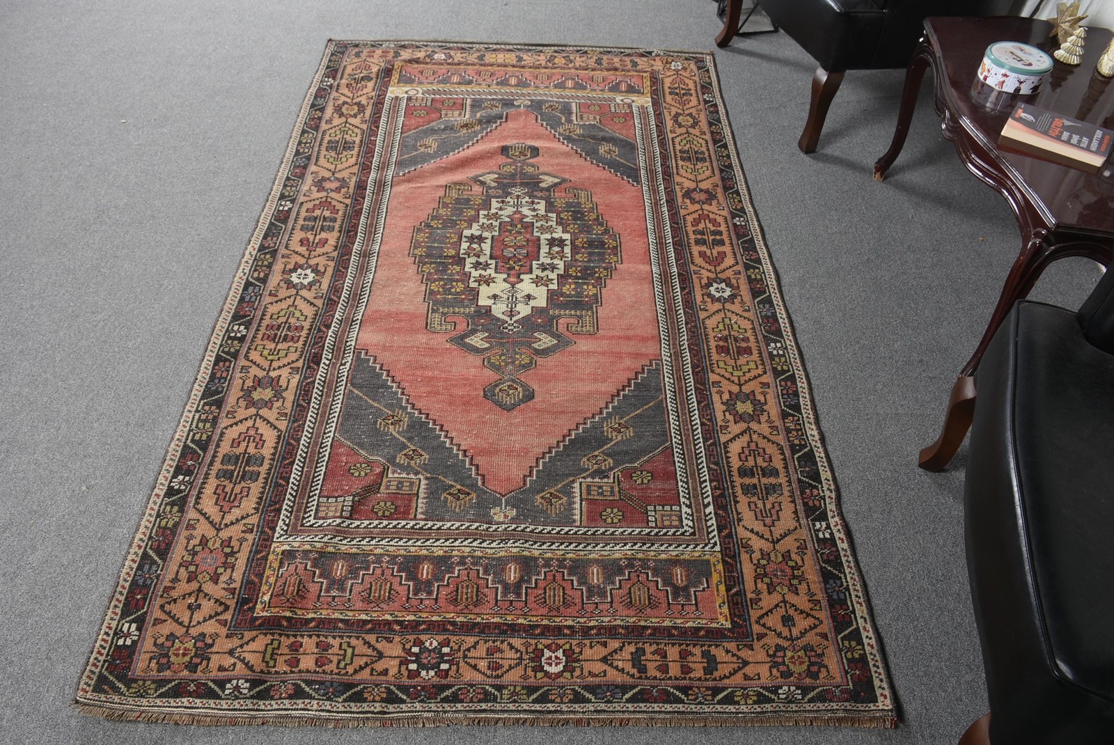 Vintage Turkish Rug, 4,3×7,6 ft Area Rug, Red Brown Animal Print Rug