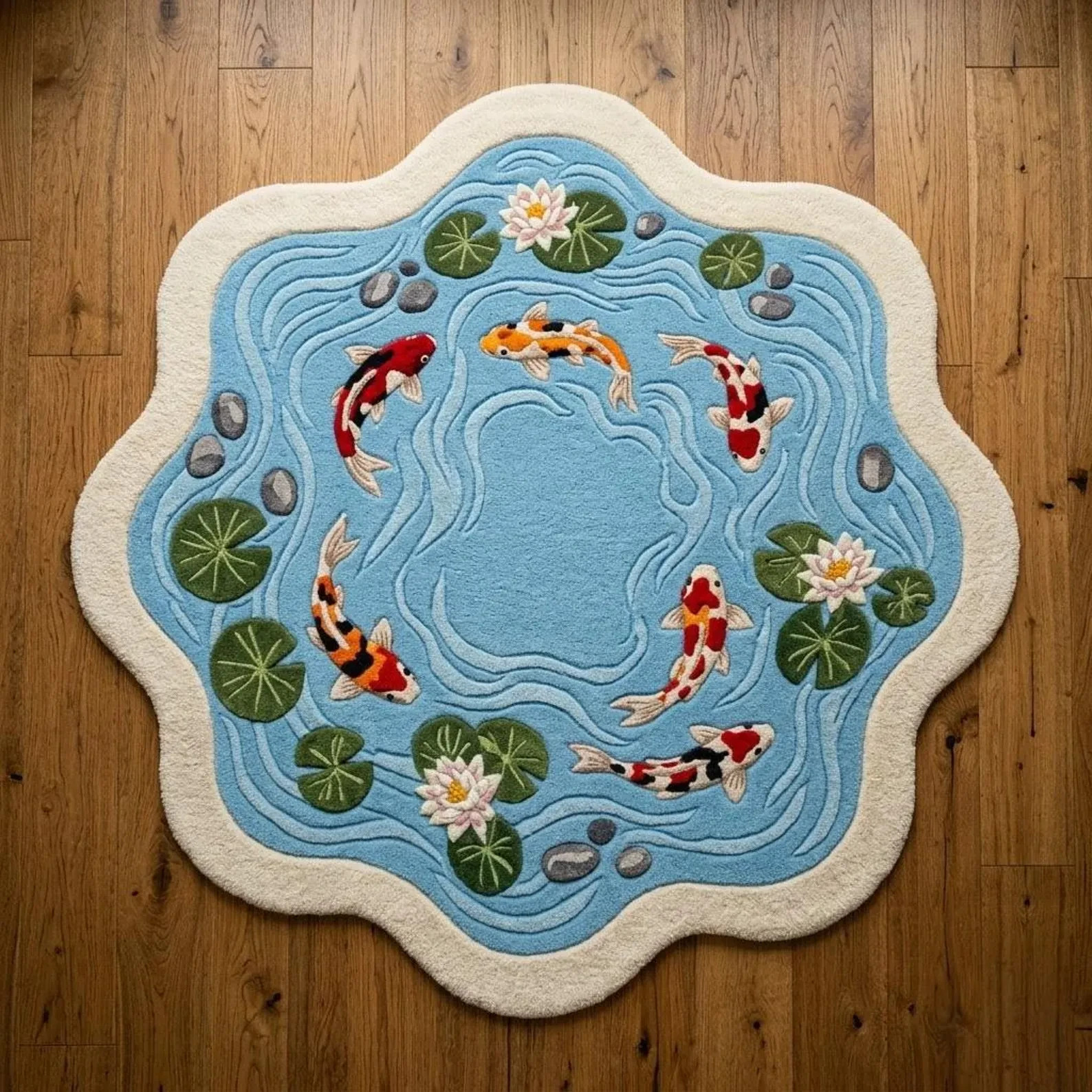 Koi Fish Pond Round Area Rug Scalloped Water Lily Tufted Carpet Living Room Mat