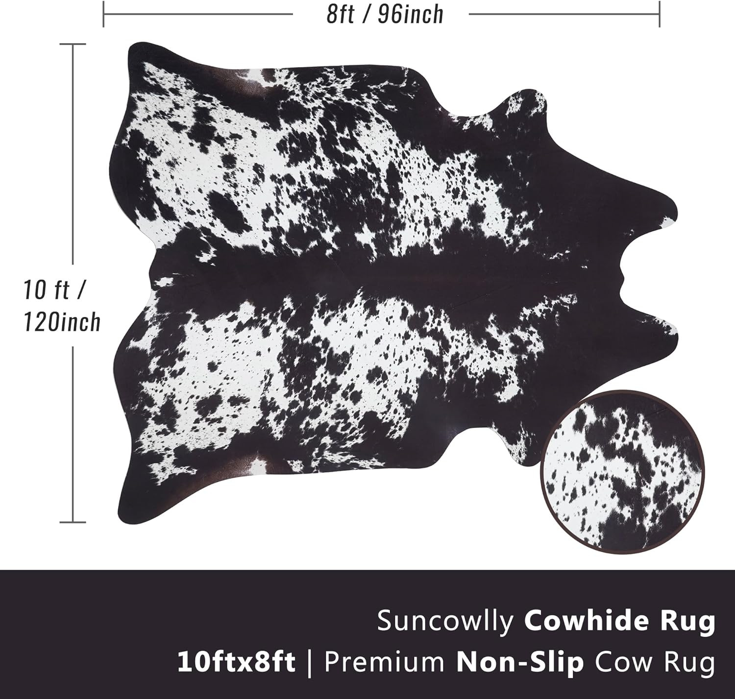 Large Faux Cowhide Rug 8×10 FT Black & White Area Carpet for Home Decor