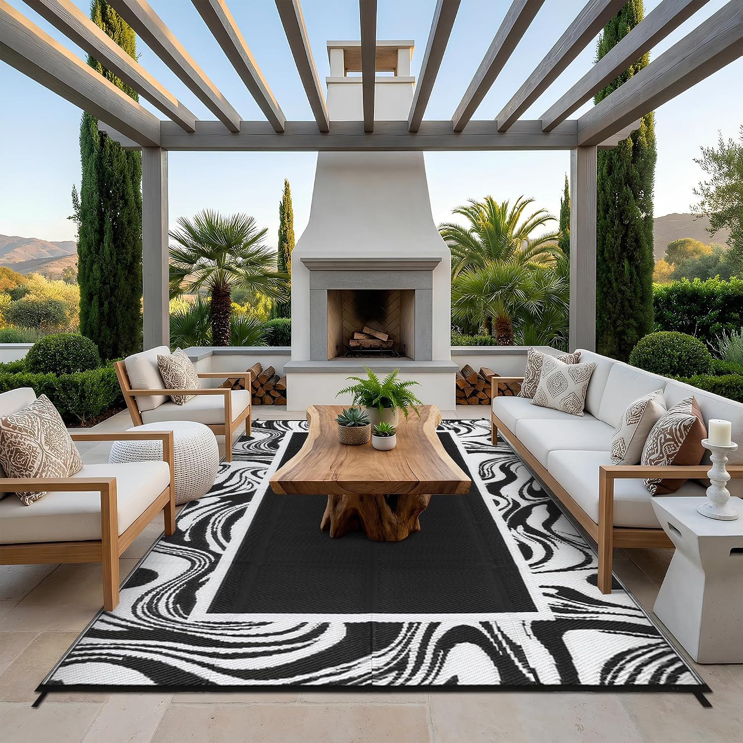 Black and White Outdoor Rug 5X8 for Camping Waterproof Quick Dry Plastic Straw C