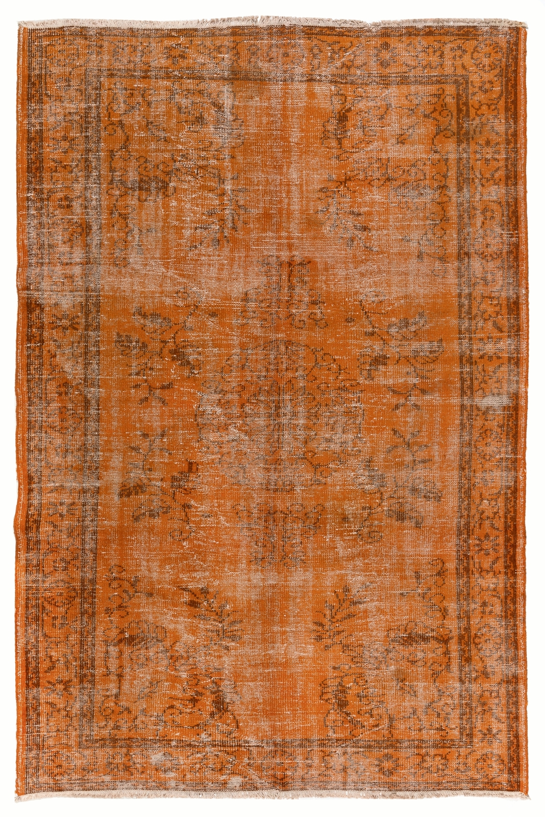 6×8.9 Ft Distressed Mid-Century Area Rug Redyed in Orange, Handknotted in Turkey