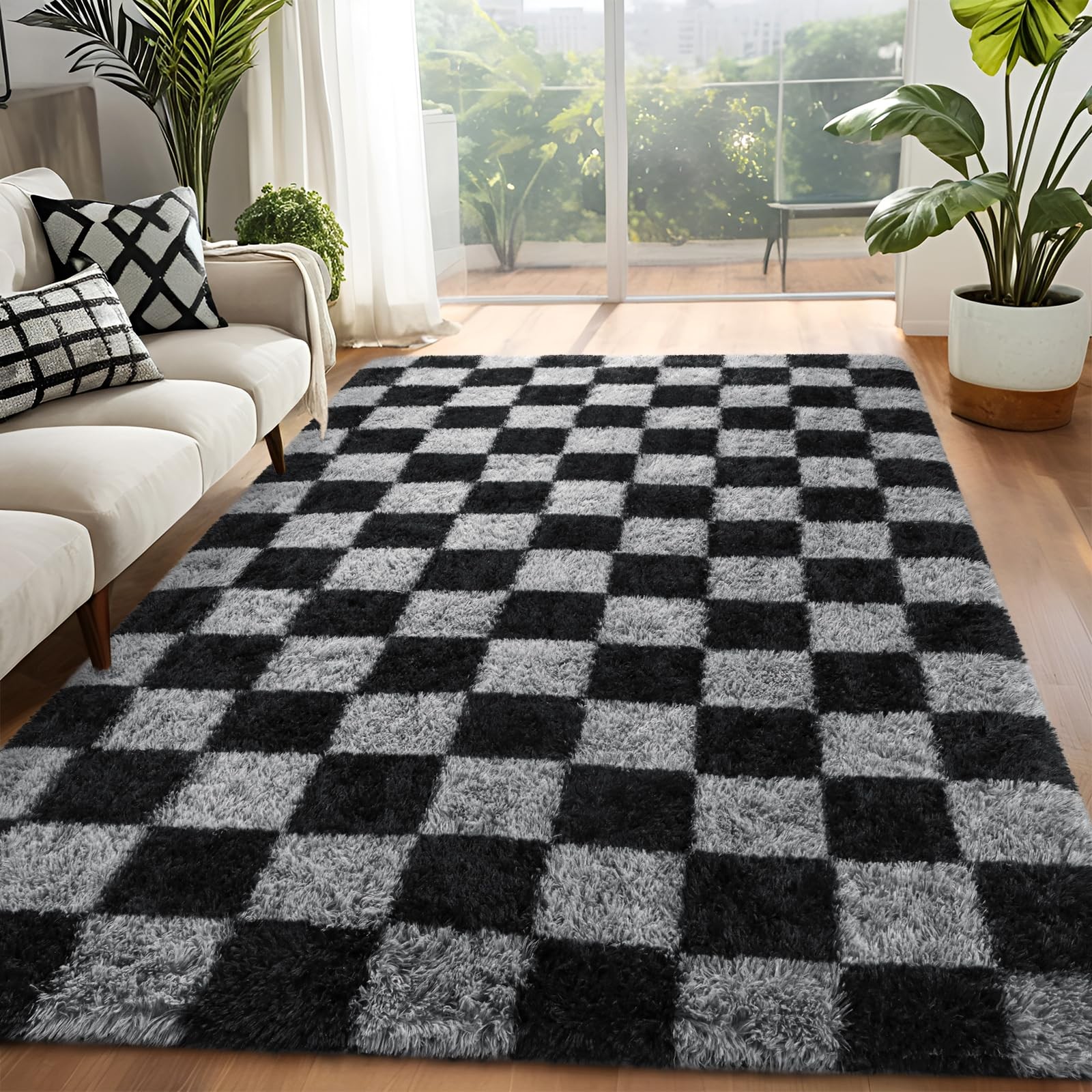 FALARK Rugs for Living Room Bedroom, 5×7 ft Black and Grey Checkered Area Rug…