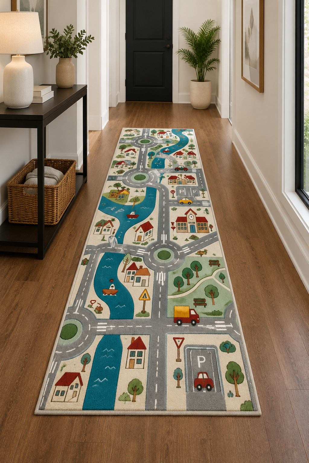 Kids City Road Play Rug | Hand Tufted Wool Playmat | Educational Car Track Rug