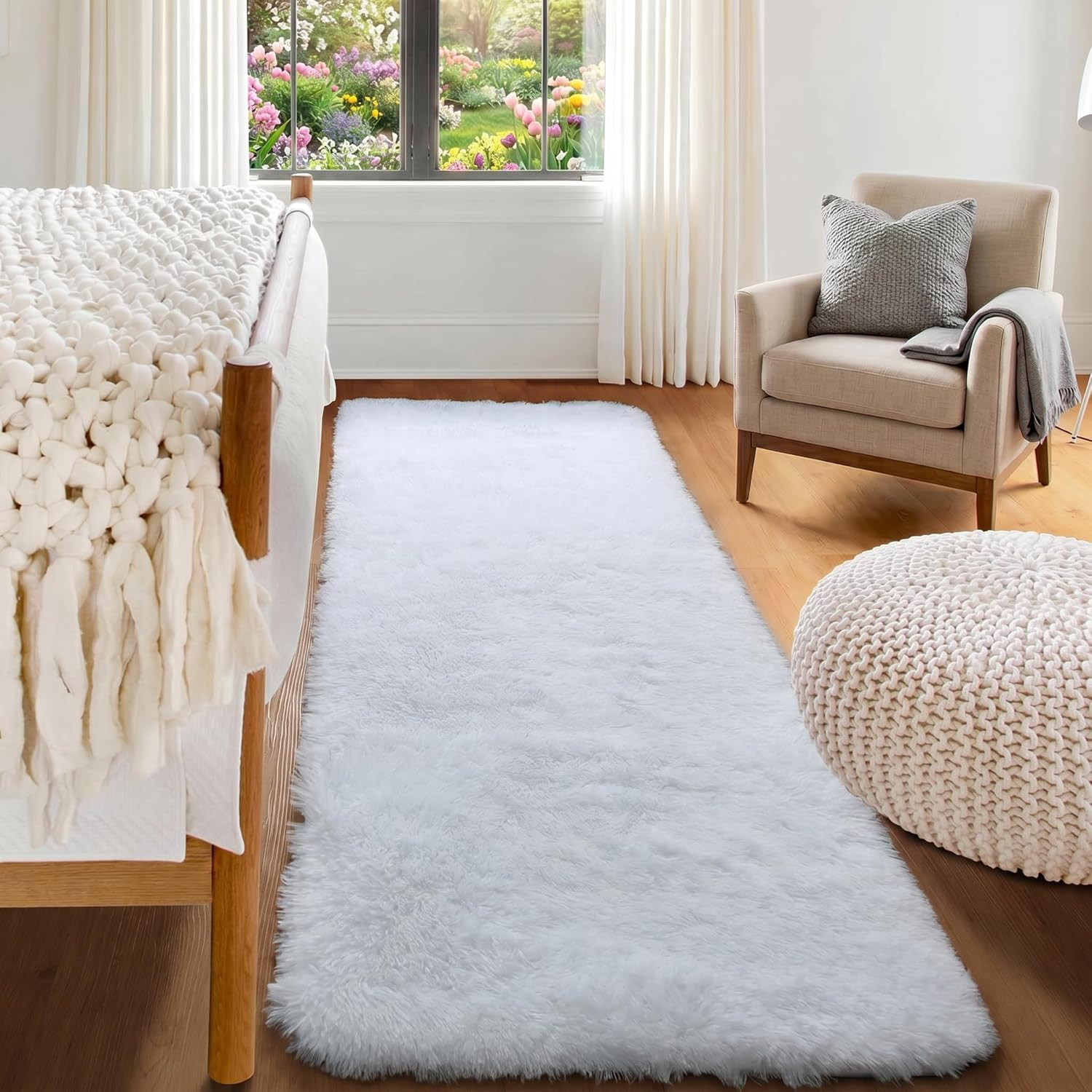 White Runner Rugs for Bedroom Living Room, Luxury Bedside Fluffy Area