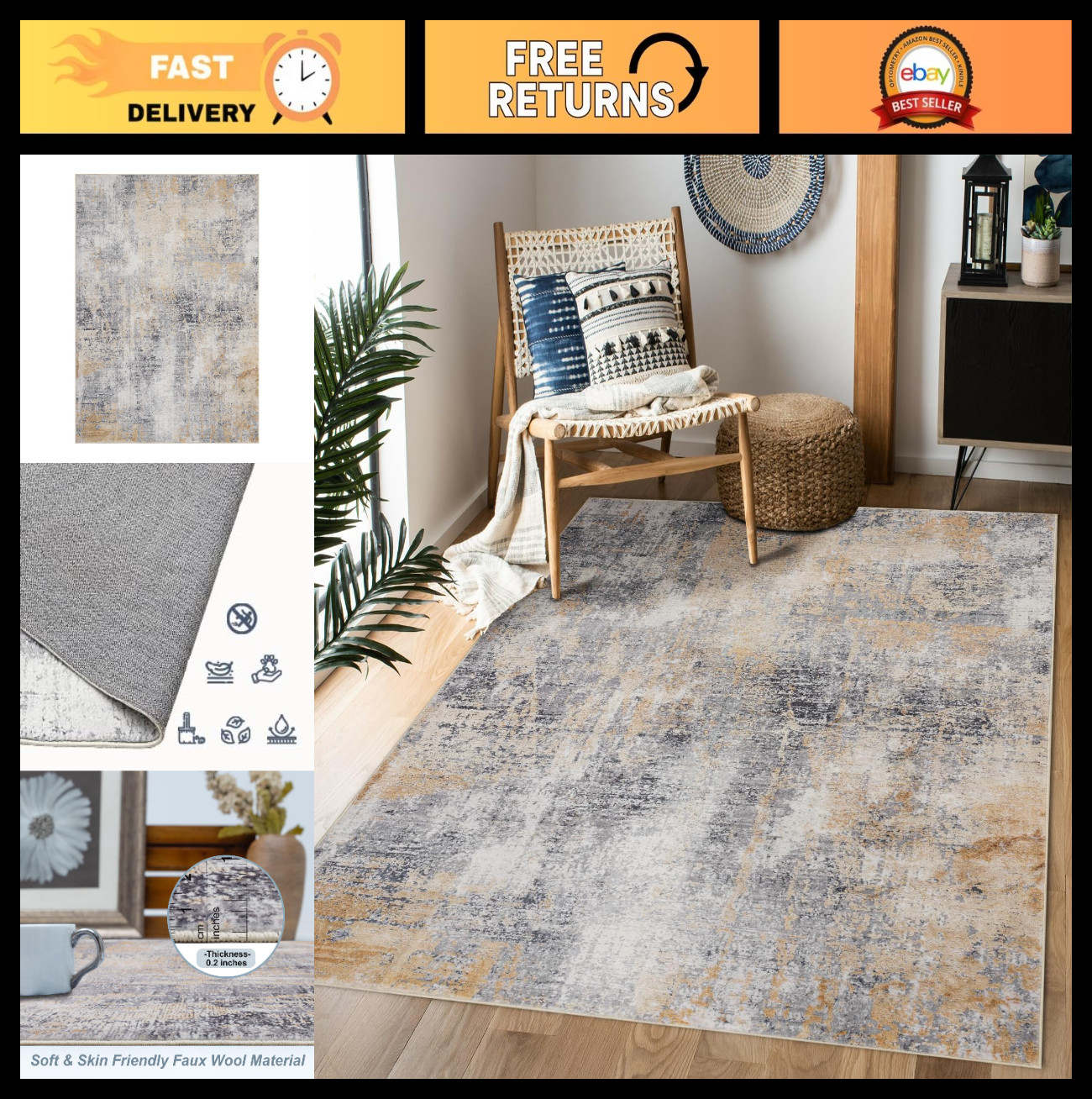 Vintage Boho 5×7 Area Rug – Ultra-Soft, Washable, Non-Slip, Stain Resistant Carp