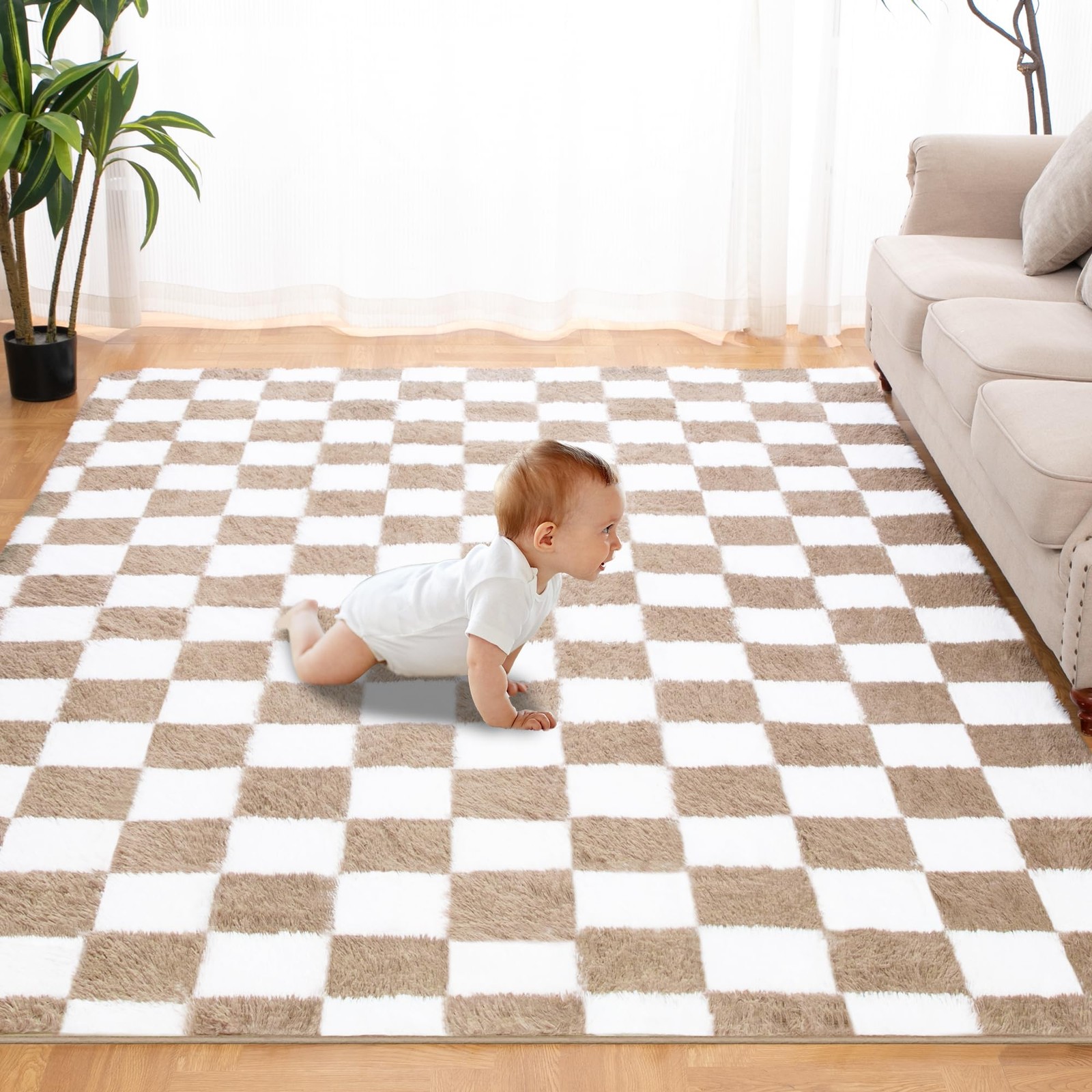 Super Soft Rug for Bedroom, 5×7 Ft Beige and White Area Rug Classic Checkered…