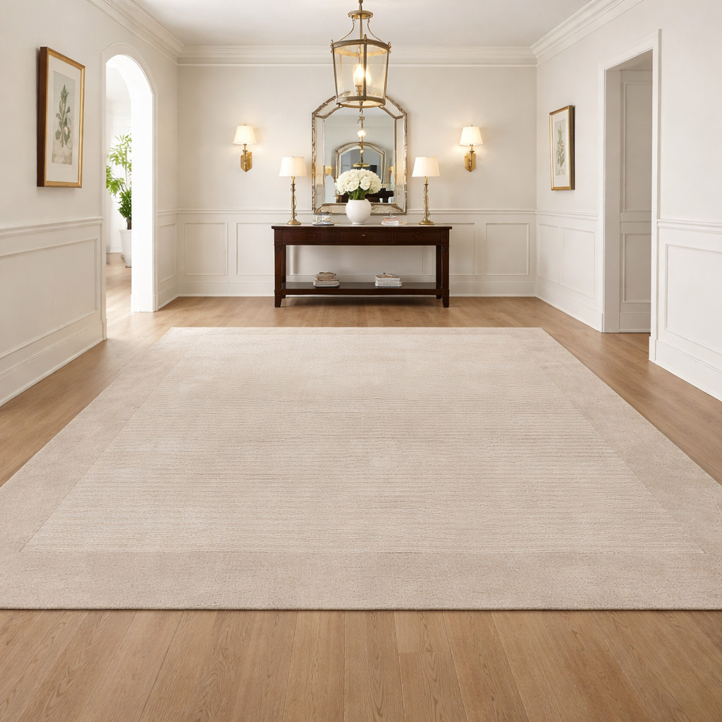Hand Tufted Wool Area Rug 13×13 Ft Beige Solid Border Carpet for Hall Living Rug