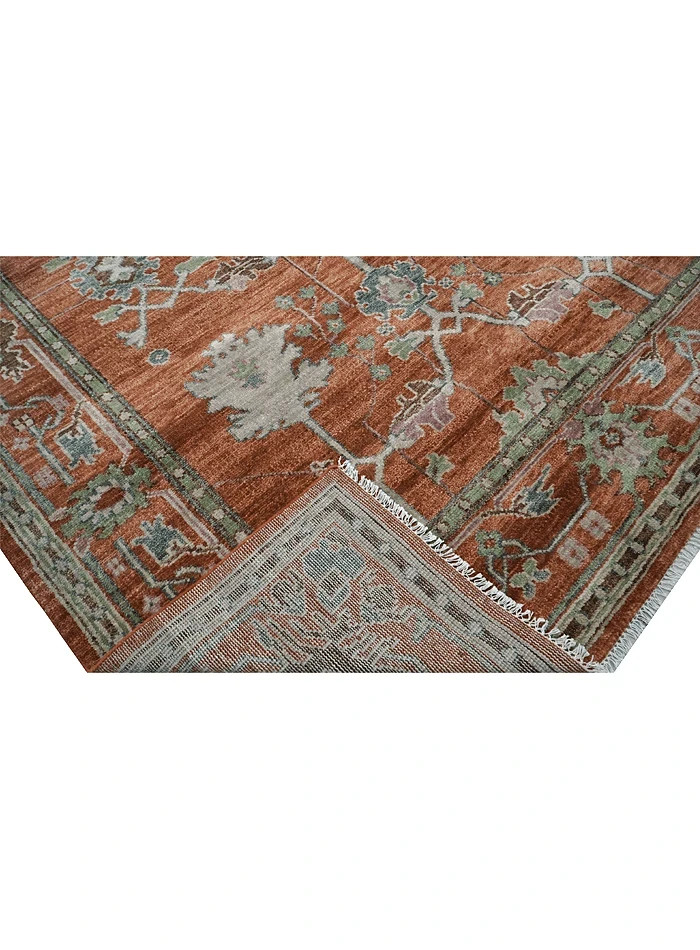 Hand Knotted Oushak Rug Rust Red Green Wool Area Carpet Turkish Vintage