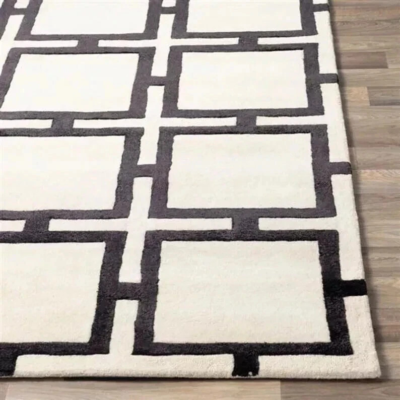 Lasted Modern Handmade Hand-Tufted Rug – Black & White Grid Design Area Rug hall