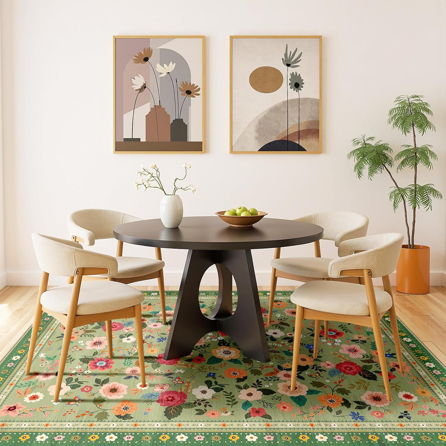 Washable Floral Area Rug for Living Room 5X7 Light Green | Non-Slip，Vacuum-Frien