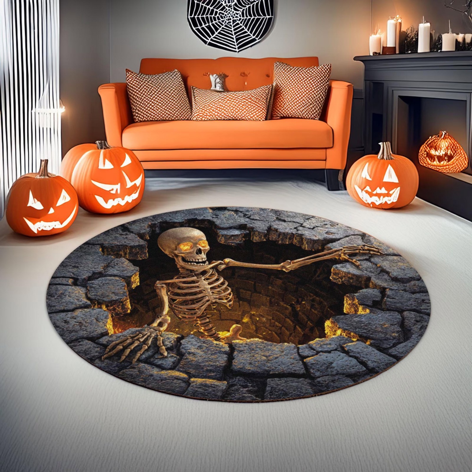 2D Flat Halloween Skeleton Round Rug Spooky Carpet Haunted House Party Decoratio