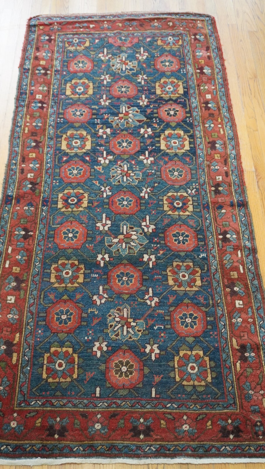Antique Tribal Veraminn Hand-Knotted 100% Wool Blue Oriental Rug 4′ x 8’6″