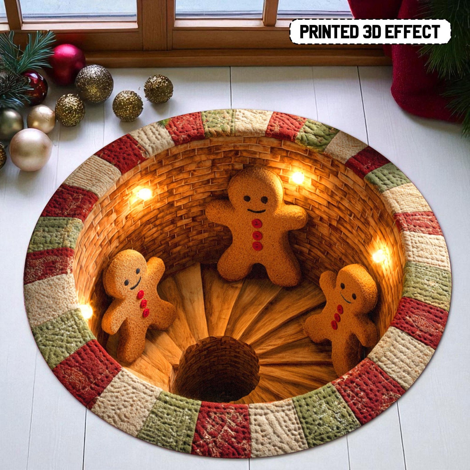 Gingerbread Christmas 3D Round Rug, Cute Holiday Optical Illusion Mat Decor Gift