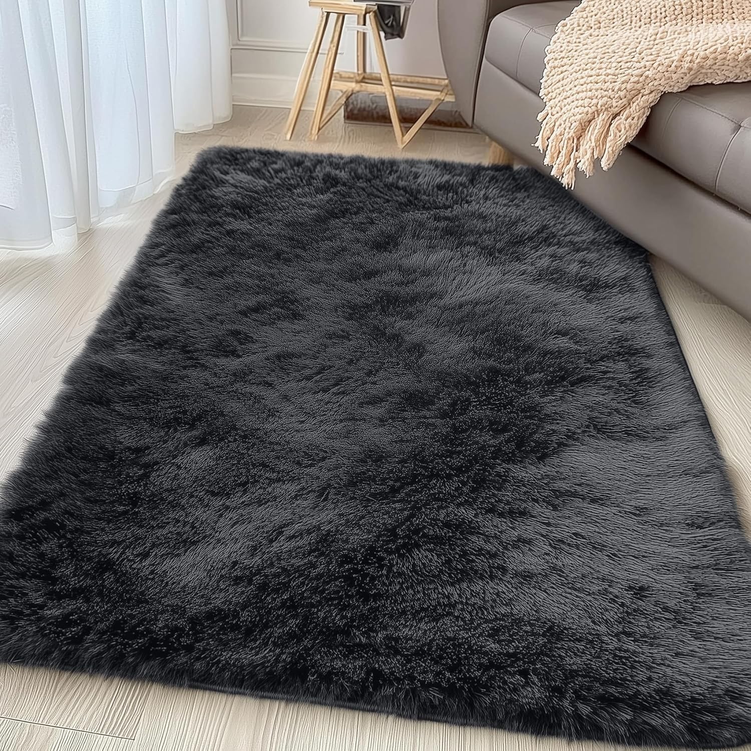 Soft 3×4 Ft Machine Washable Accent Rug – Stylish Black Shag for Kids & Pets