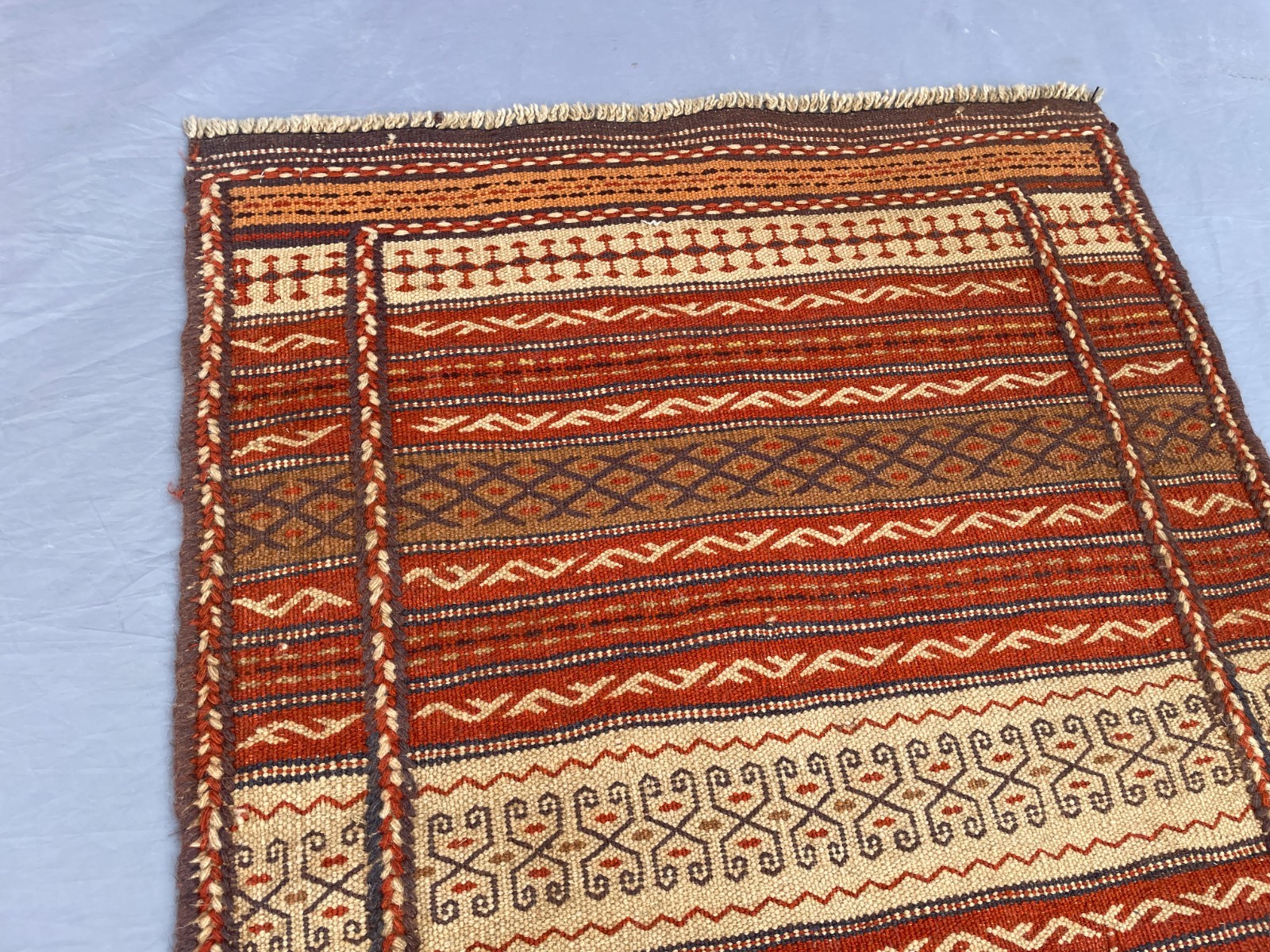 2×3 Handwoven Afghan Kilim Rug Tribal Wool Flatweave with Hooked Motifs N Stripe