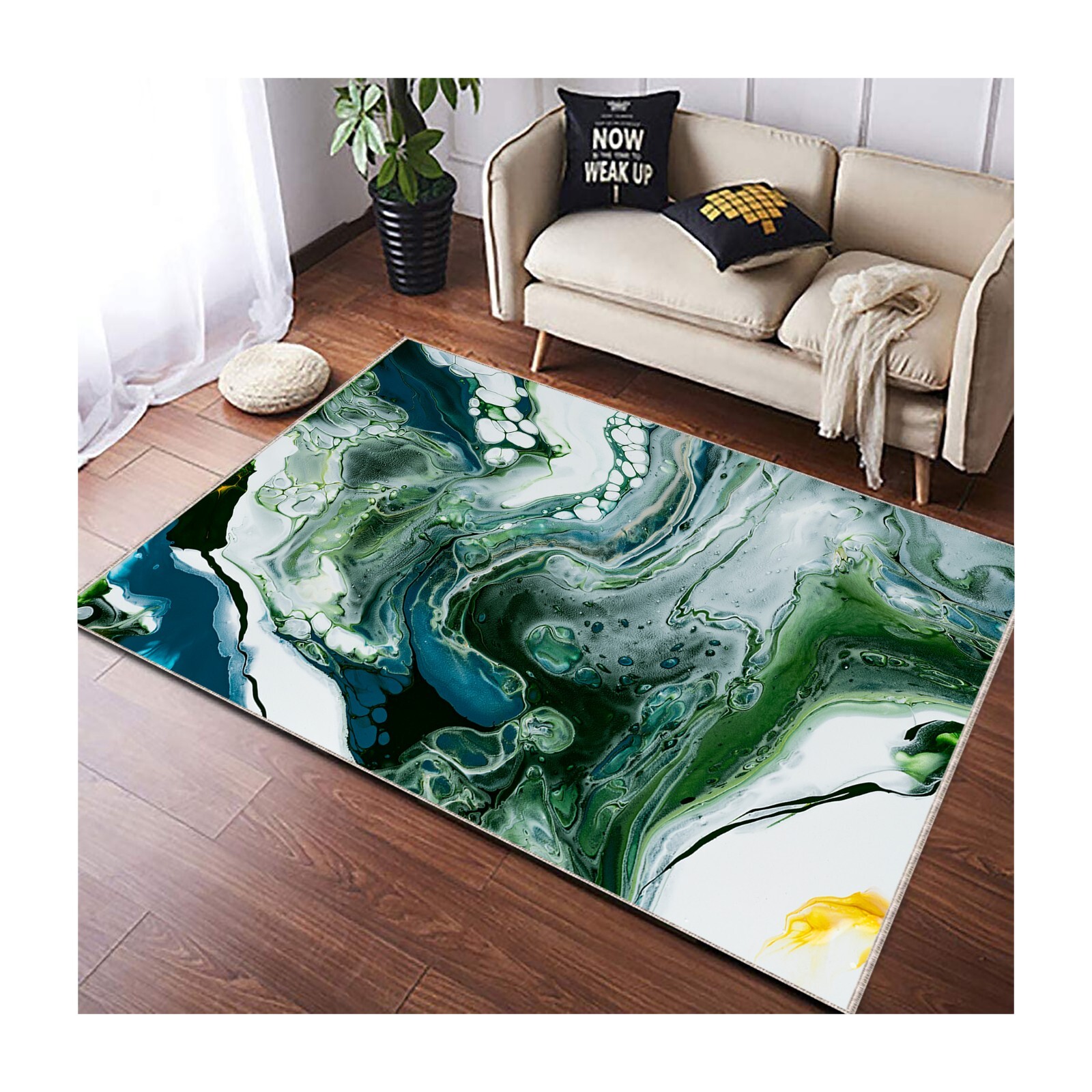 Abstract Painting Rug, Art Green Print Carpet, Abstract Marble Decor