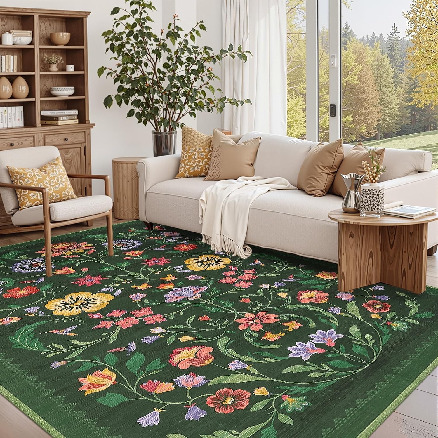 Washable Rug 9×12 Area Rugs for Living Room, Protea Floral Rug for Bedroom, Soft