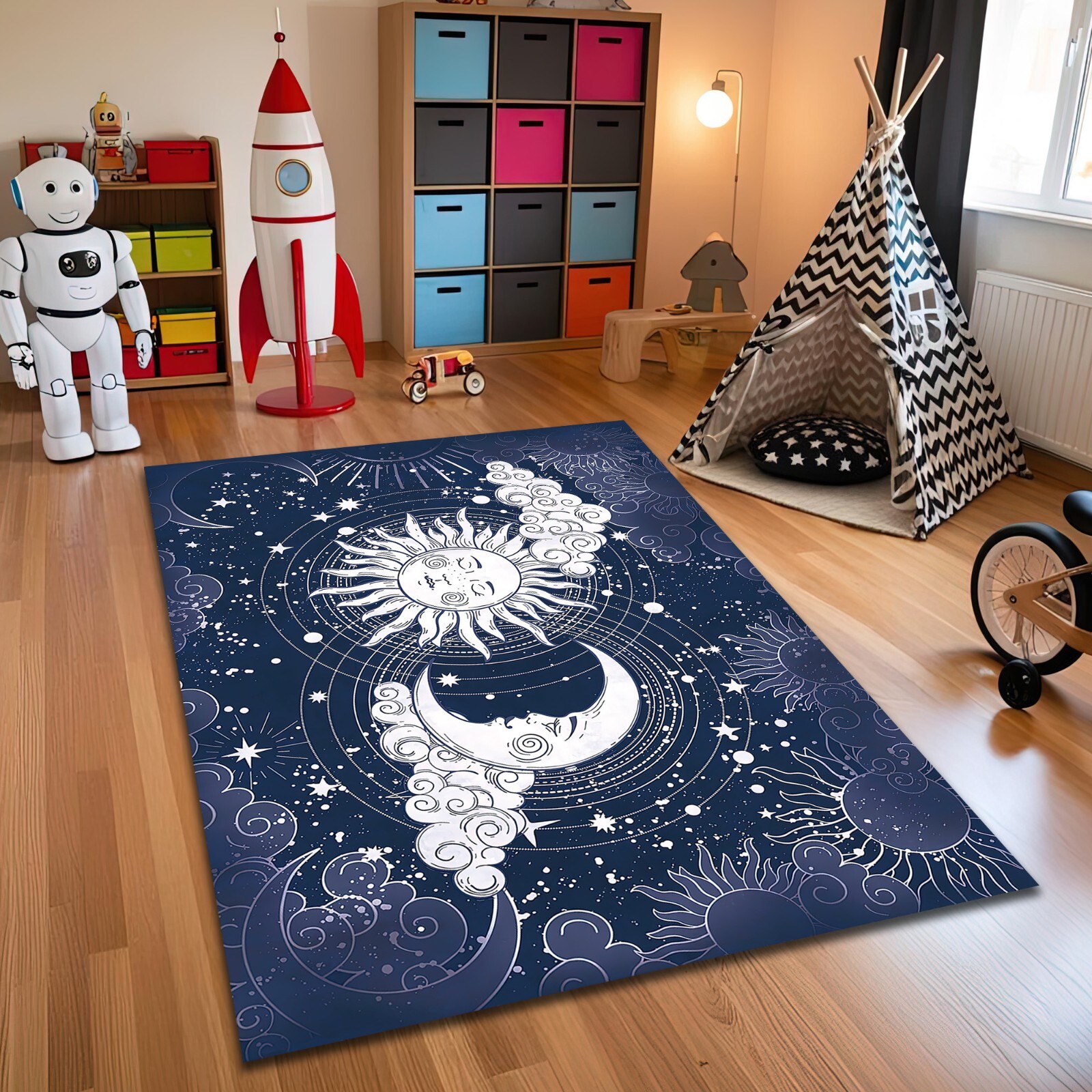 Sun and Crescent Moon Carpet Navy Blue Night Space Star Mat Meditation Decor