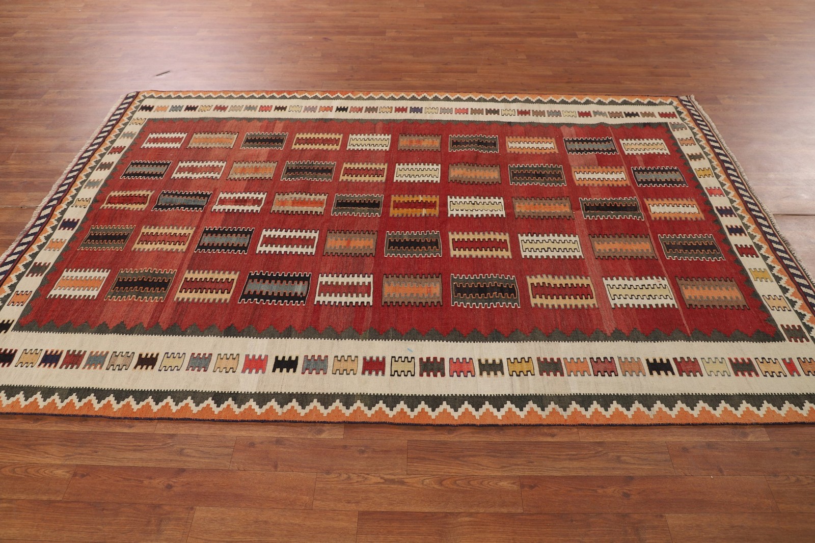 Red Kilim Vintage Area Rug 5×8 Hand-woven Geometric Vegetable Dye Tribal Style