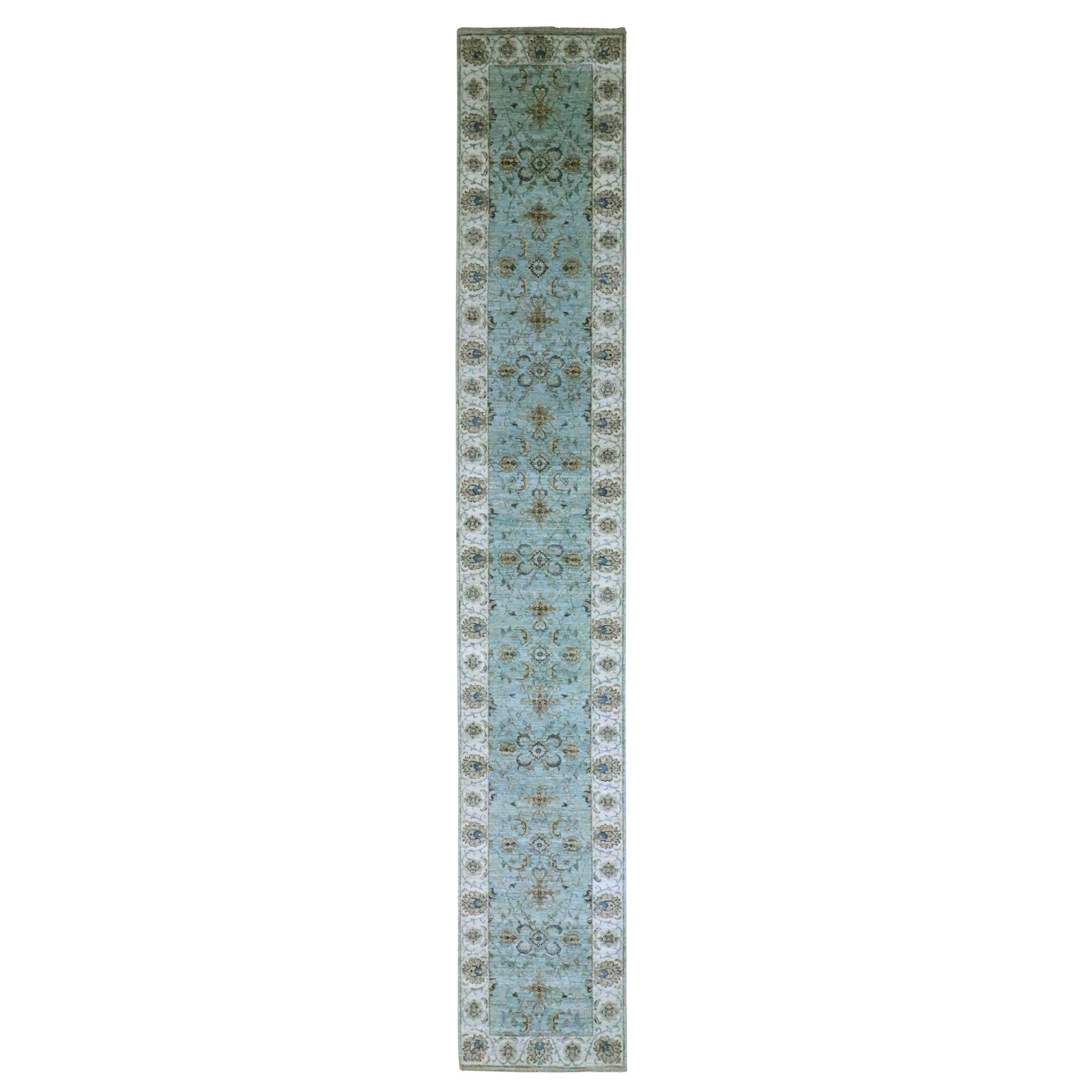 2’6″x15’9″ Blue Hand Knotted Agra Vines Design Pure Wool XL Runner Rug R76115