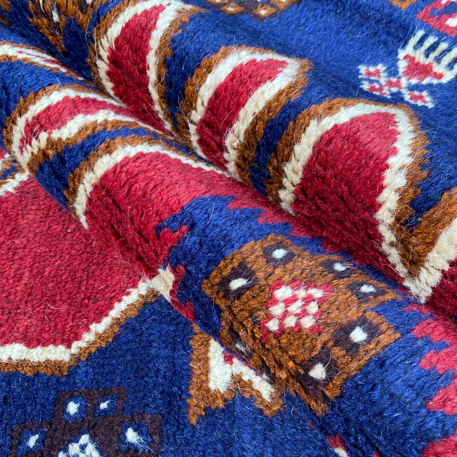 Handmade Afghan Kazakh Rug 100% Camel Hair, Tribal Design, Bright Blue & Red 4×6