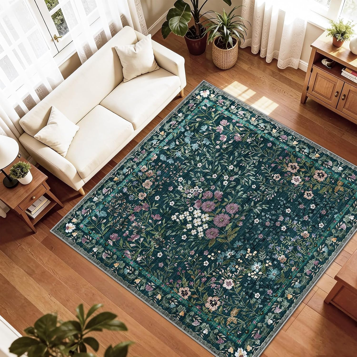 5×5 Living Room Area Rug Washable: Floral Non-Slip Mats for Indoor Floor Entrywa
