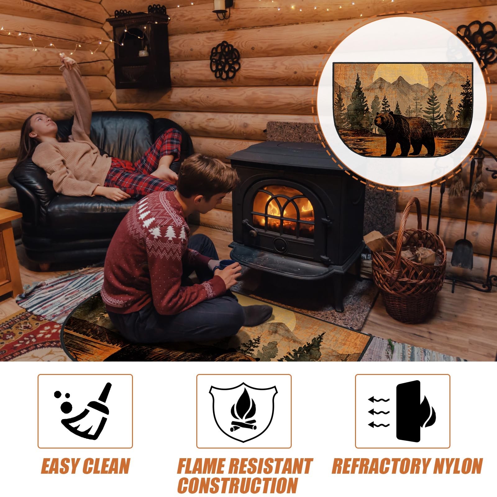 Demissle Fireplace Hearth Rug: Fireproof Cabin Southwestern Mat 24×59″ Bear Desi