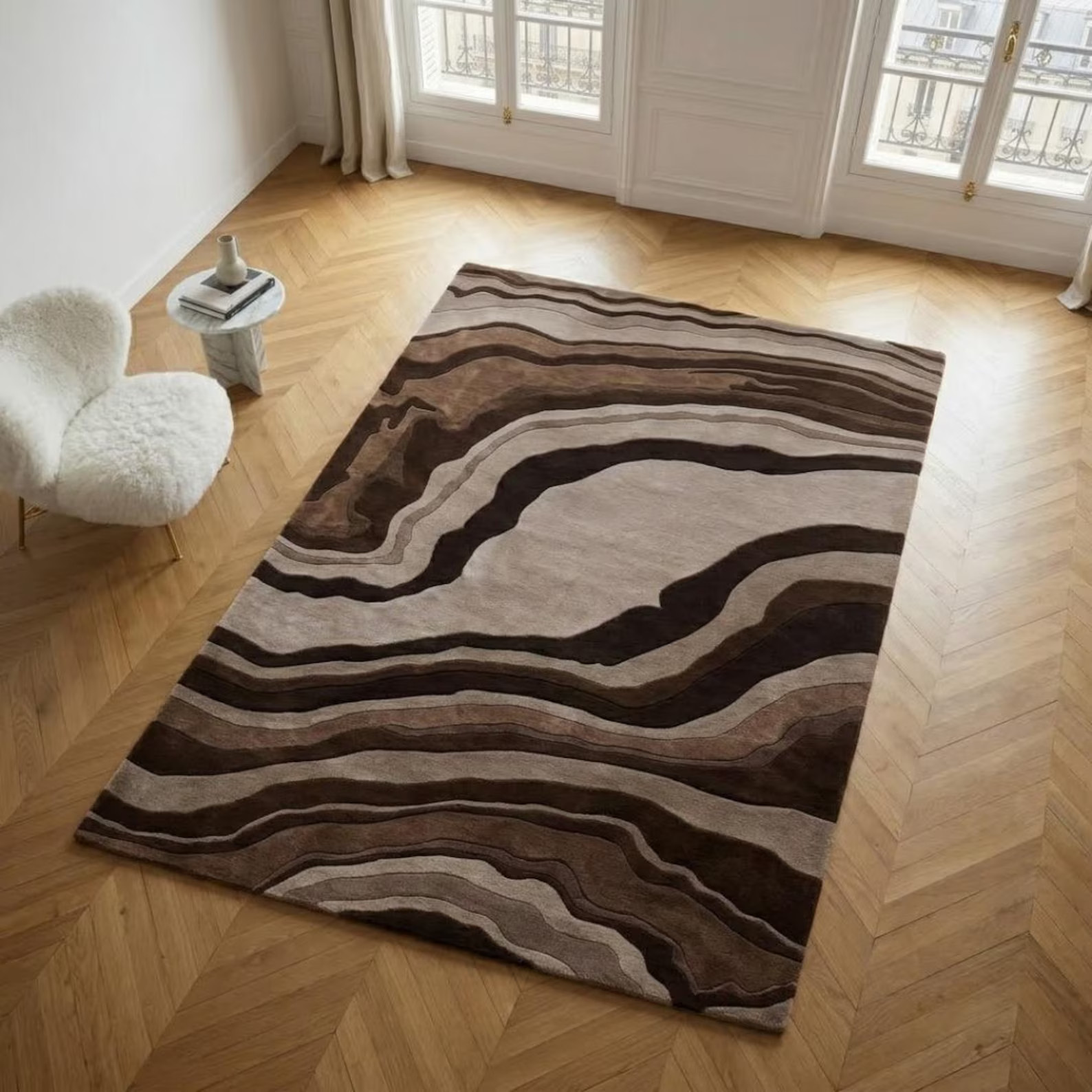 Brown Wavy Rug, Hand Tufted Modern Abstract Wool Rug, Marble Agate Area rug