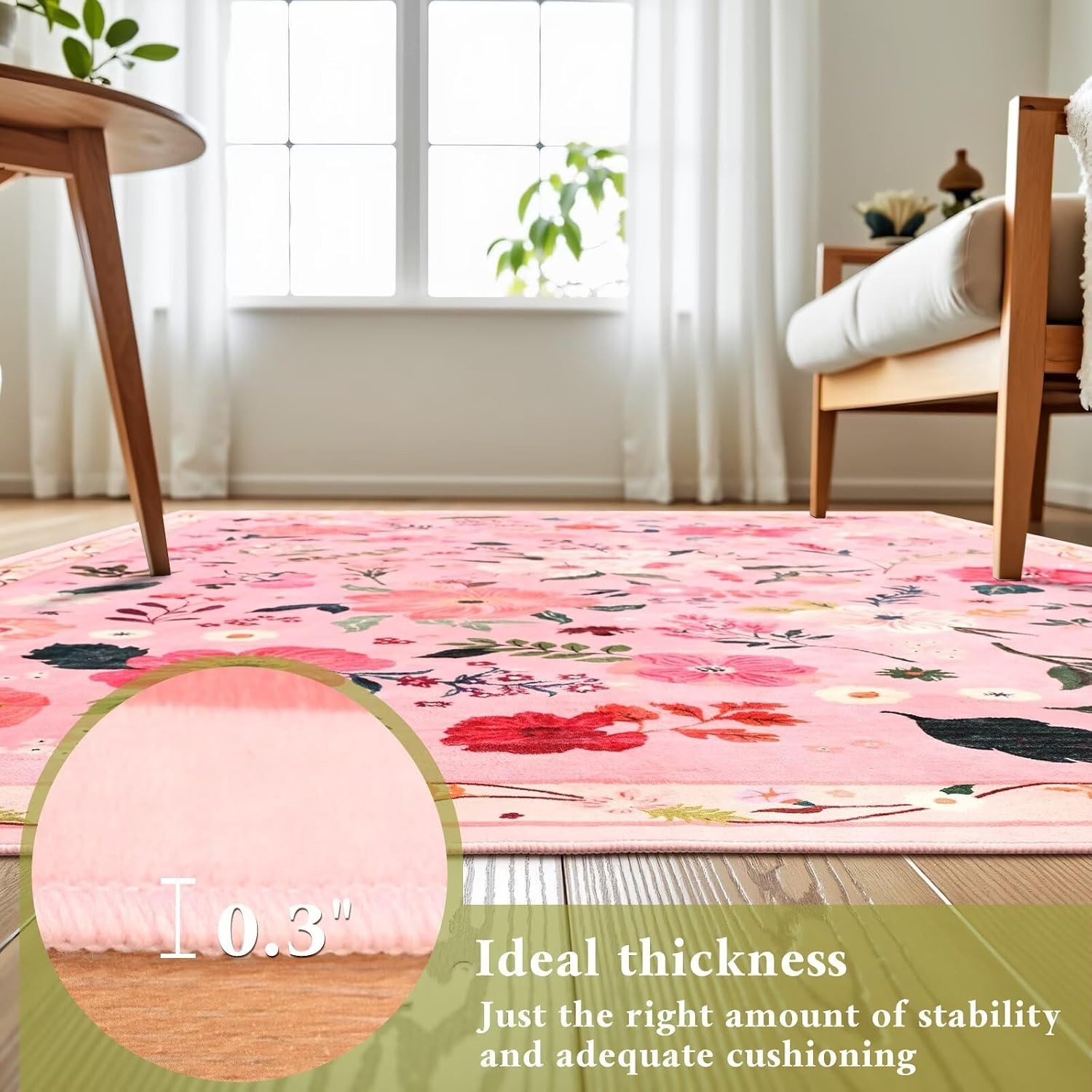 Pale Pink Rug for Girls Room, 5×7 Floral Washable Area Rug Non Slip, Boho Low…