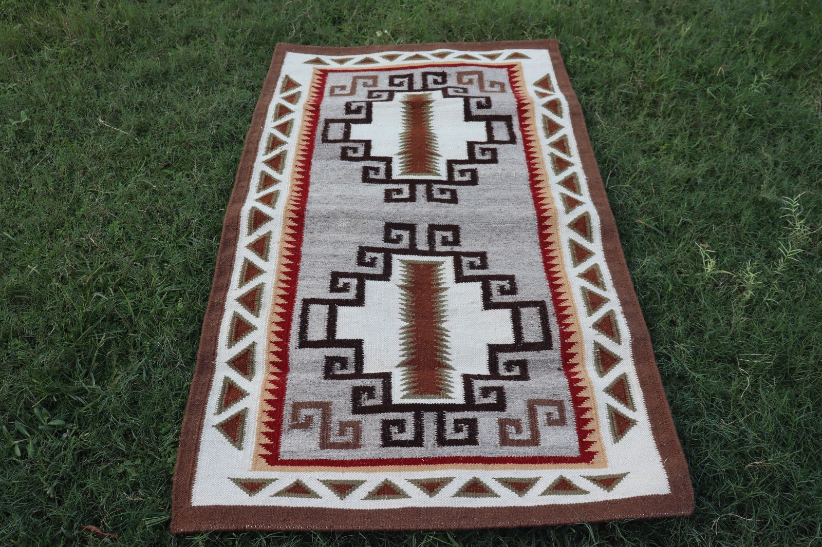 Navajo Two Grey Hills Wool Rug Handwoven Greek Key Southwestern Kilim Flatweave