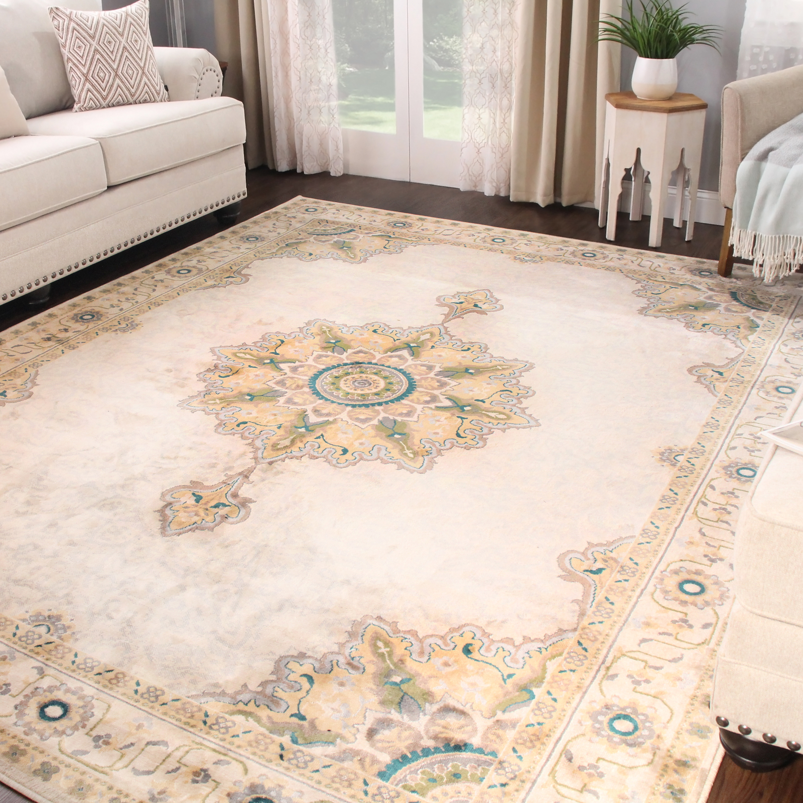 Traditional Indoor Textured Medallion Runner and Area Rug Rug with Jute Backing