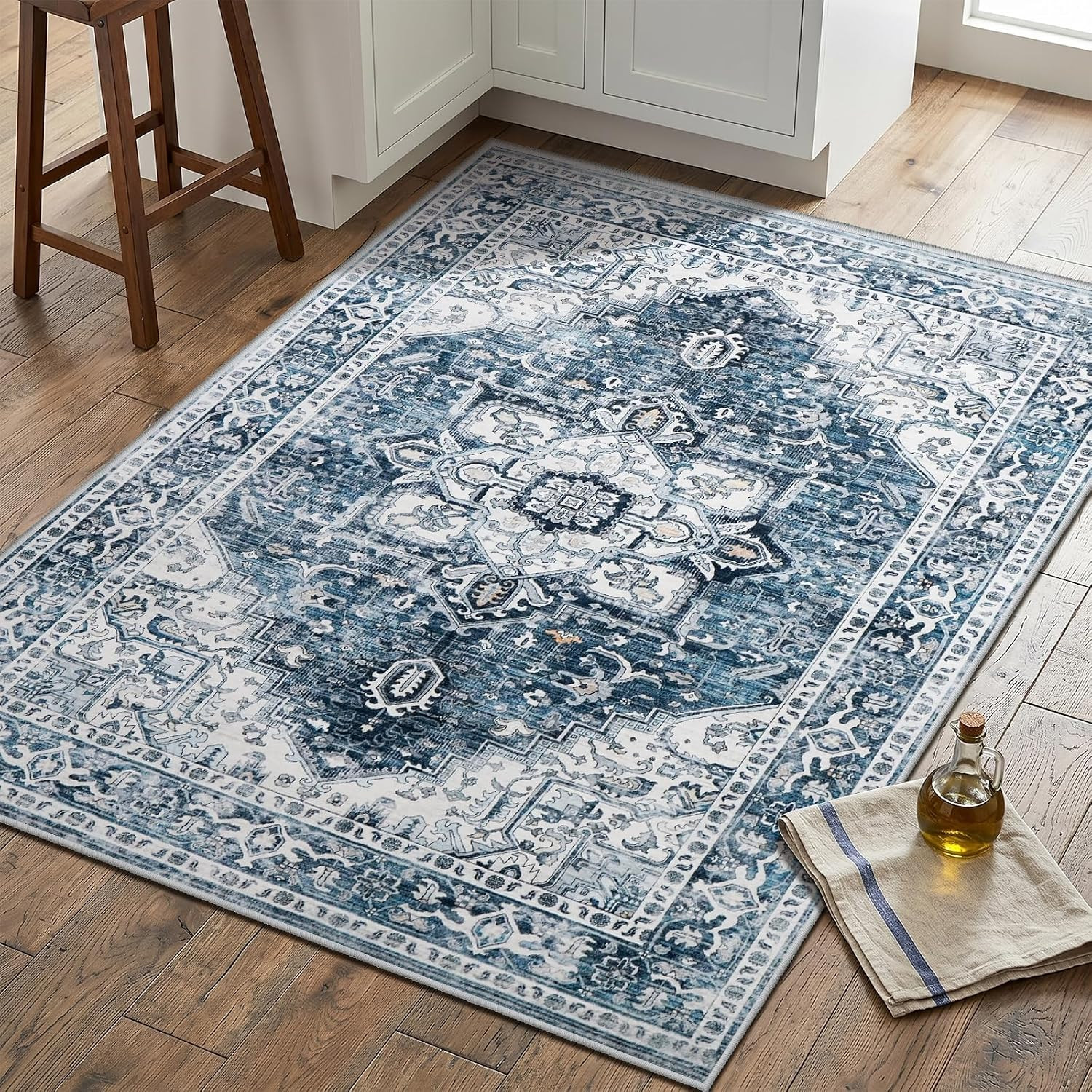 3X5 Washable Area Rug, Vintage Distressed Bedside Rug, Stain Resistant, Non-Slip