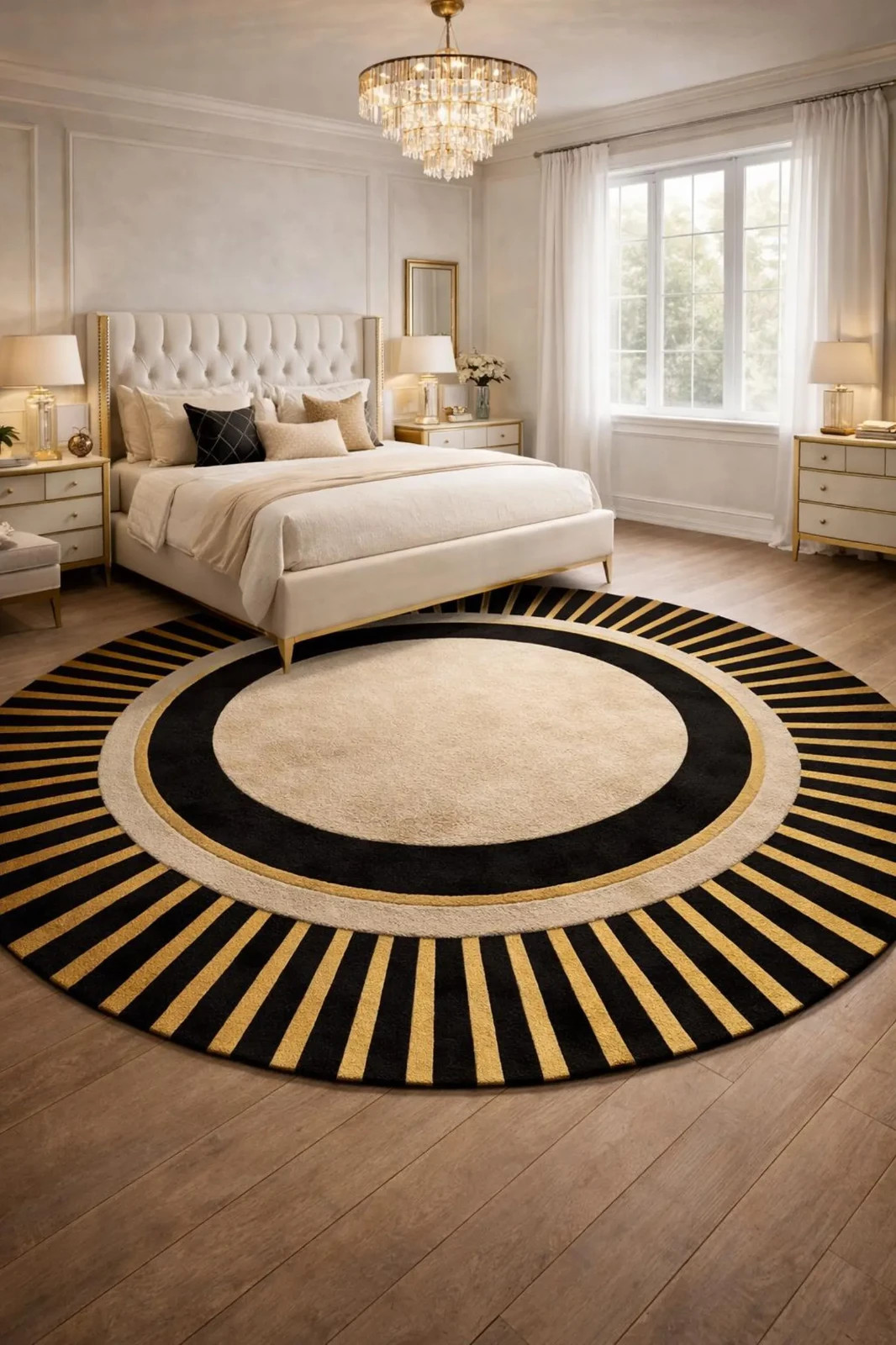 Black gold round rug hand tufted wool art deco rug modern geometric sunburst rug