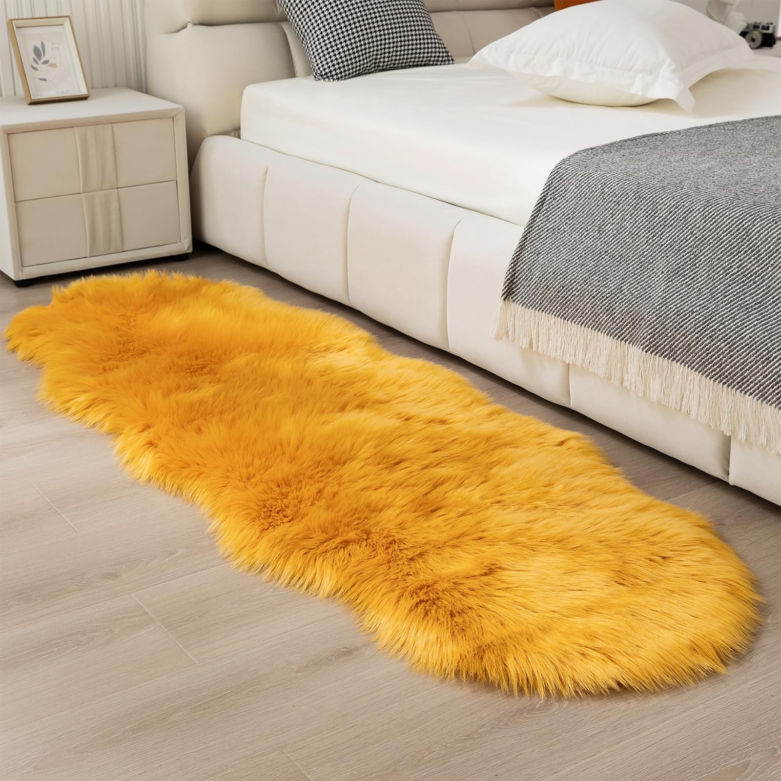 Faux Fur Sheepskin Runner Rug Yellow 2×6 ft Ultra Soft Shaggy Plush Fluffy Fu…