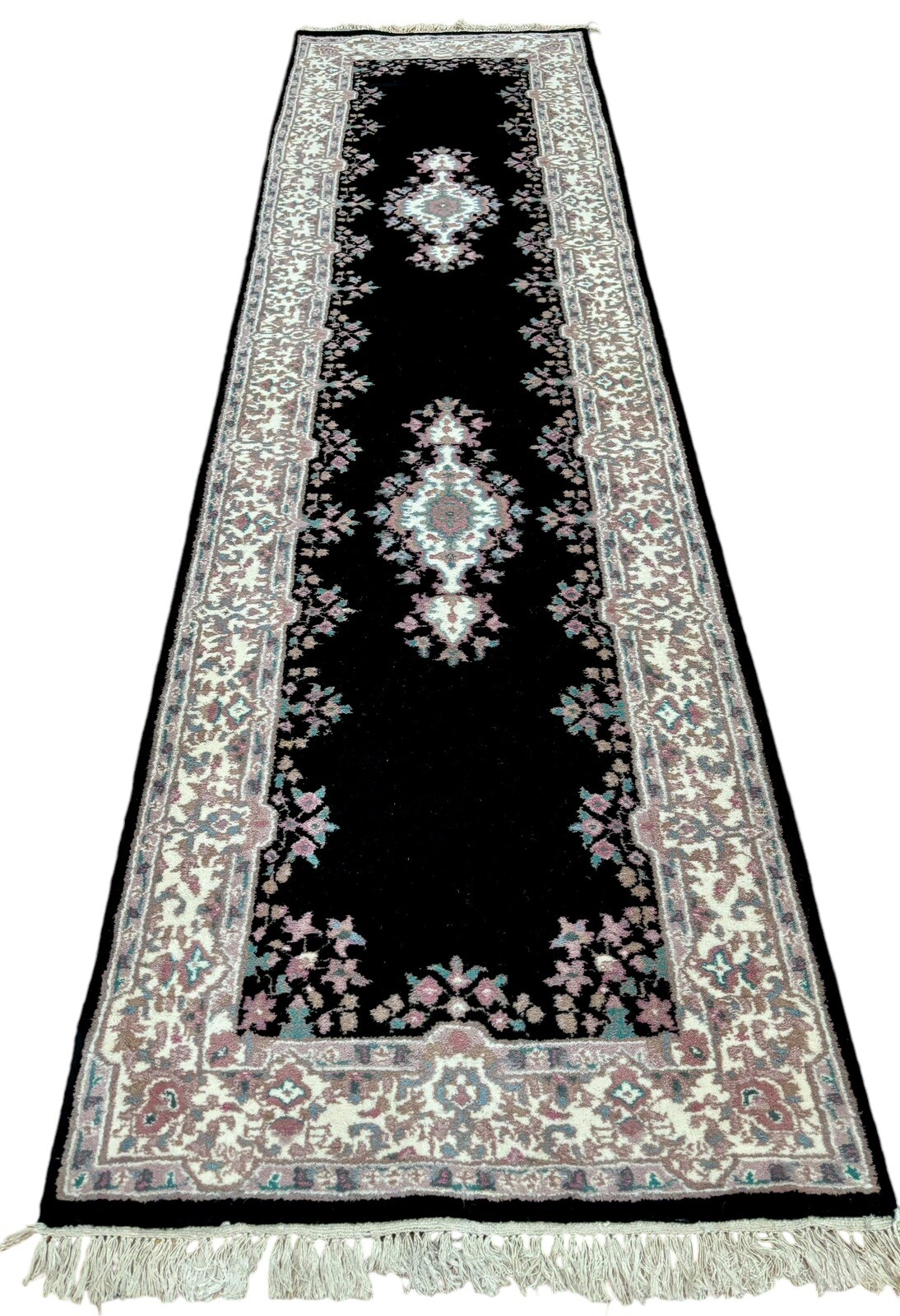 2’7″x10’ Hand Knotted Charcoal Black Beige Pink Oushak Tabrizz Wool Runner Rug