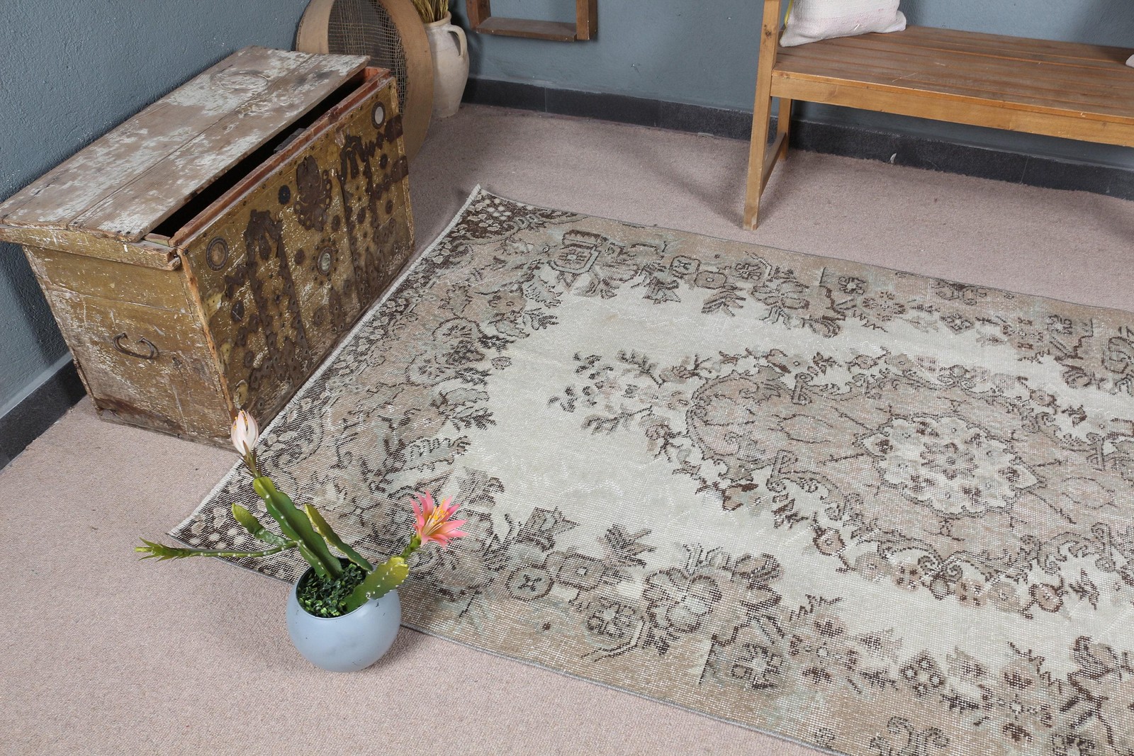 4,5×8,6 ft Rug, Area Vintage Rug, Brown Abstract Rug