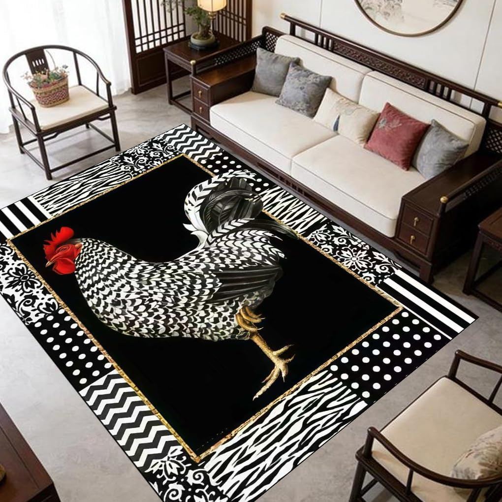 Black White Rooster Rugs 5×7 Feet Farm Rooster Chicken Indoor Print Area Rug for