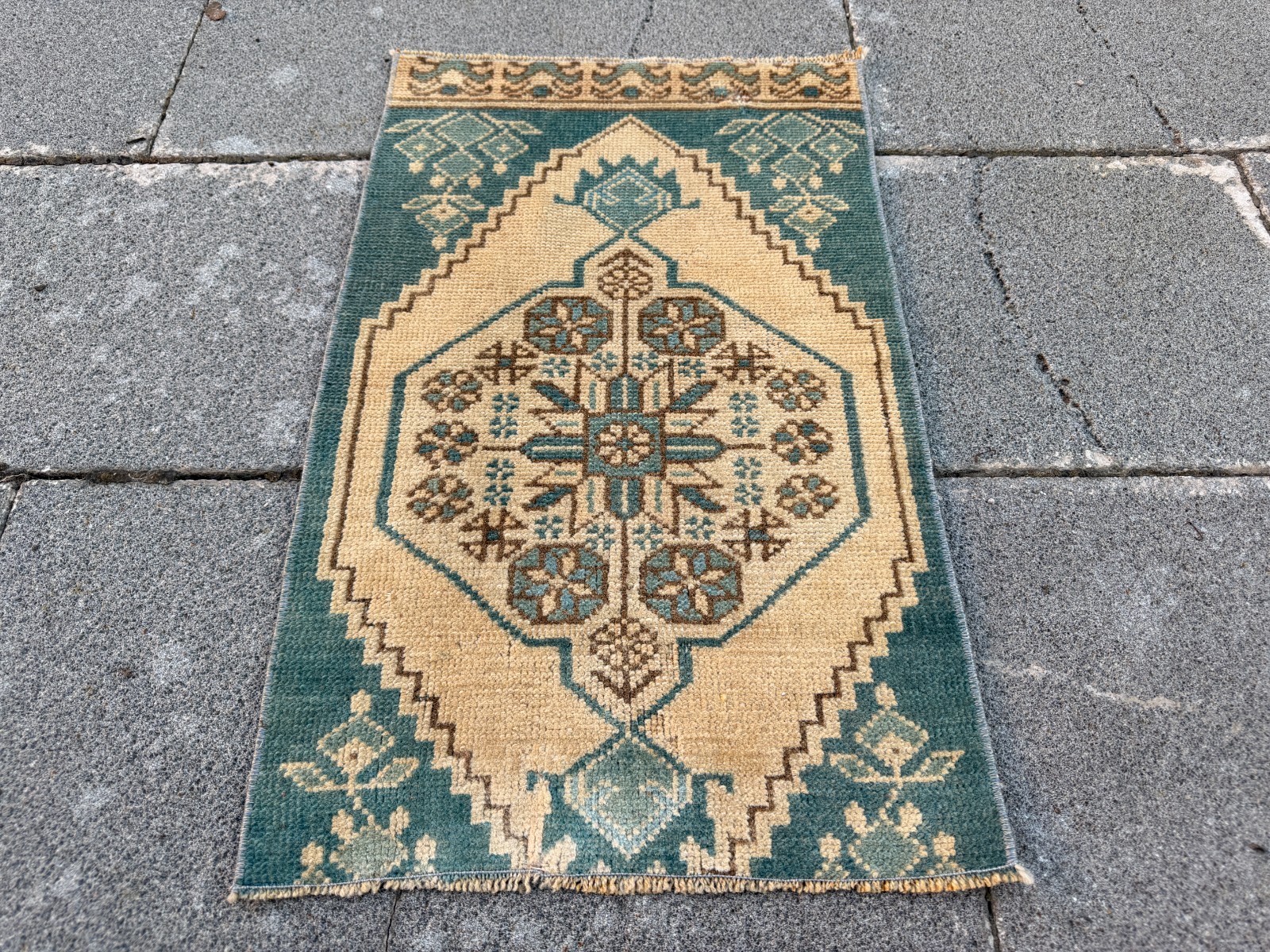 Vintage Turkish Rug 1.3×2.2 ft Aqua Beige Wool Area Rug Handmade Tribal Decor