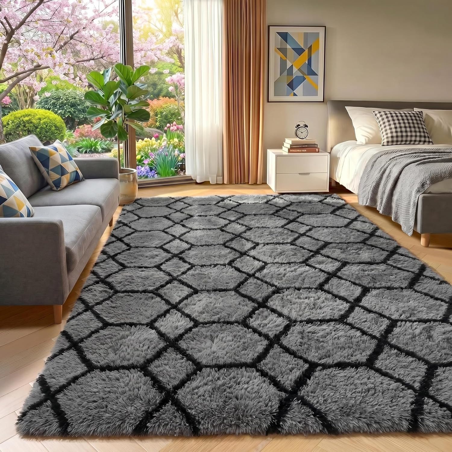 5X7 Area Rugs for Living Room Bedroom, Fluffy Grey and Black Throw Rug, Geometri