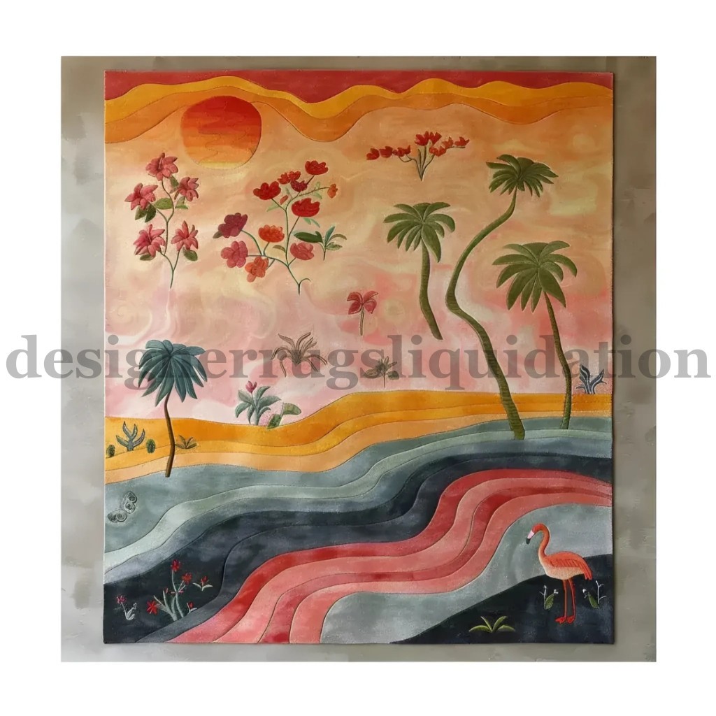 Modern Tropical Landscape Wool Contemporary Sunset Palm Tree Handmade Area Rug