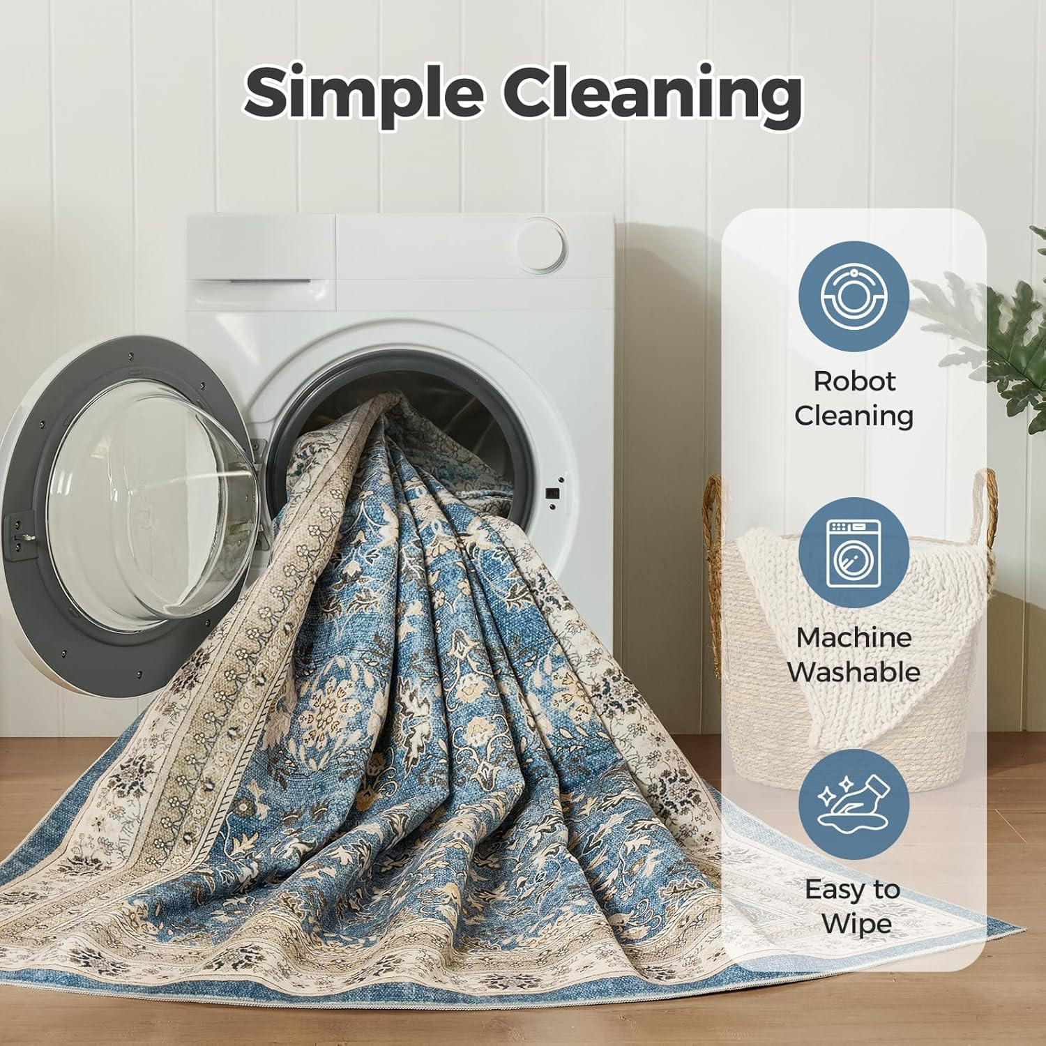 Blue 10×12 Vintage Washable Rug – Soft Boho Distressed for Any Room