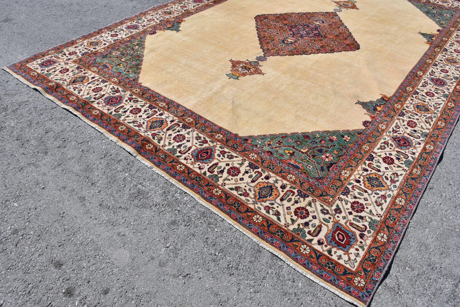 Vintage Turkish Rug, 9,1×12,6 ft Oversize Rug, Beige Blue Plants & trees Rug