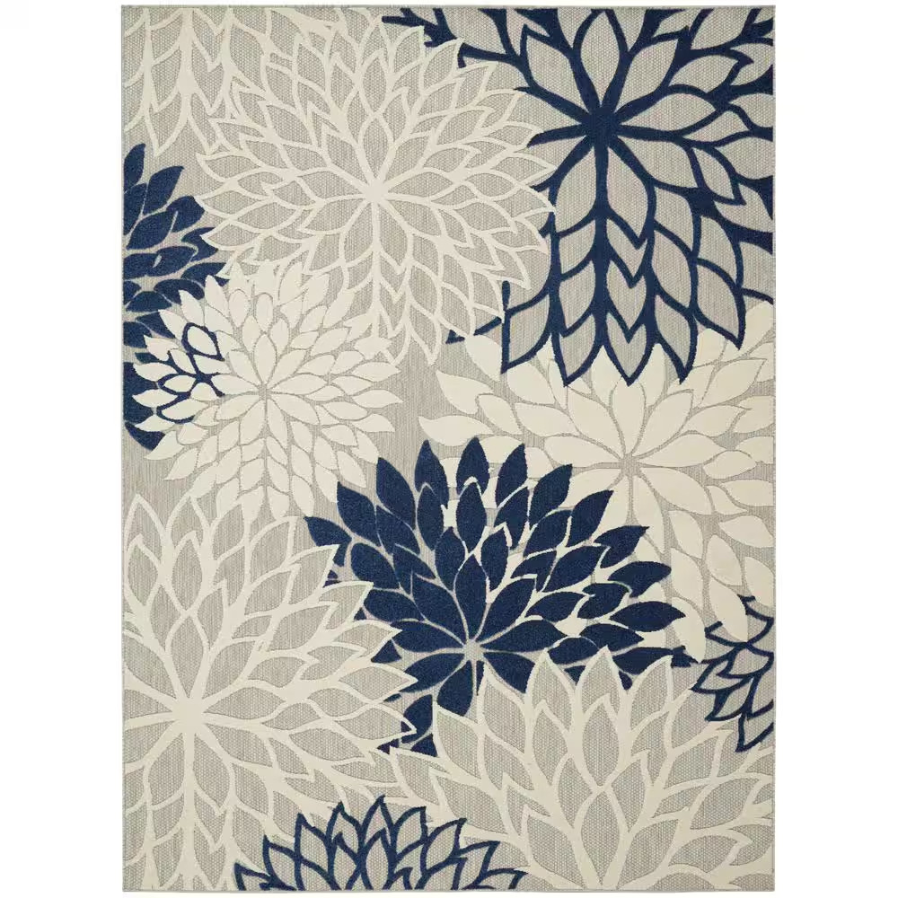 Aloha Ivory/Navy 7 Ft. X 10 Ft. Floral Modern Indoor/Outdoor Patio, Bedrom, Kitc