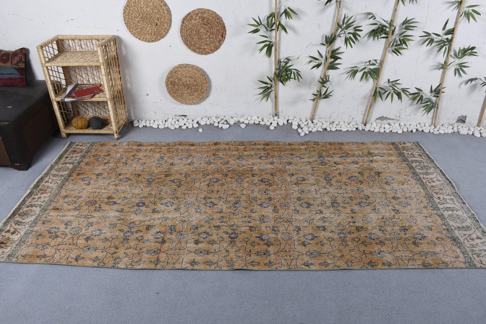 Turkish 4,5×9,5 ft Rug, Vintage Rug, Beige Floral Rug Wool