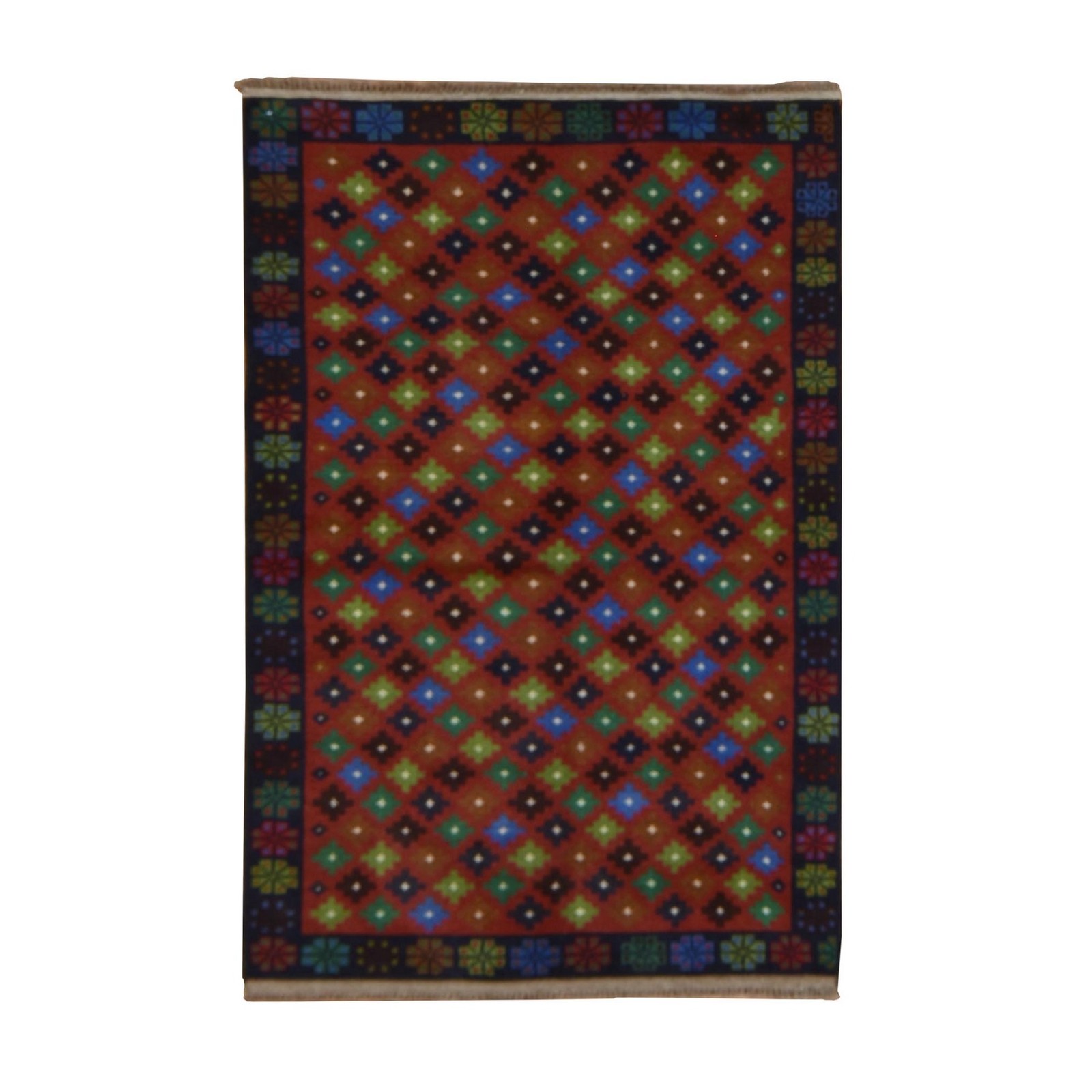 3’3″x4’9″ Savvy Red Afghan Balooch with Geometric Design Hand Knotted Wool Rug