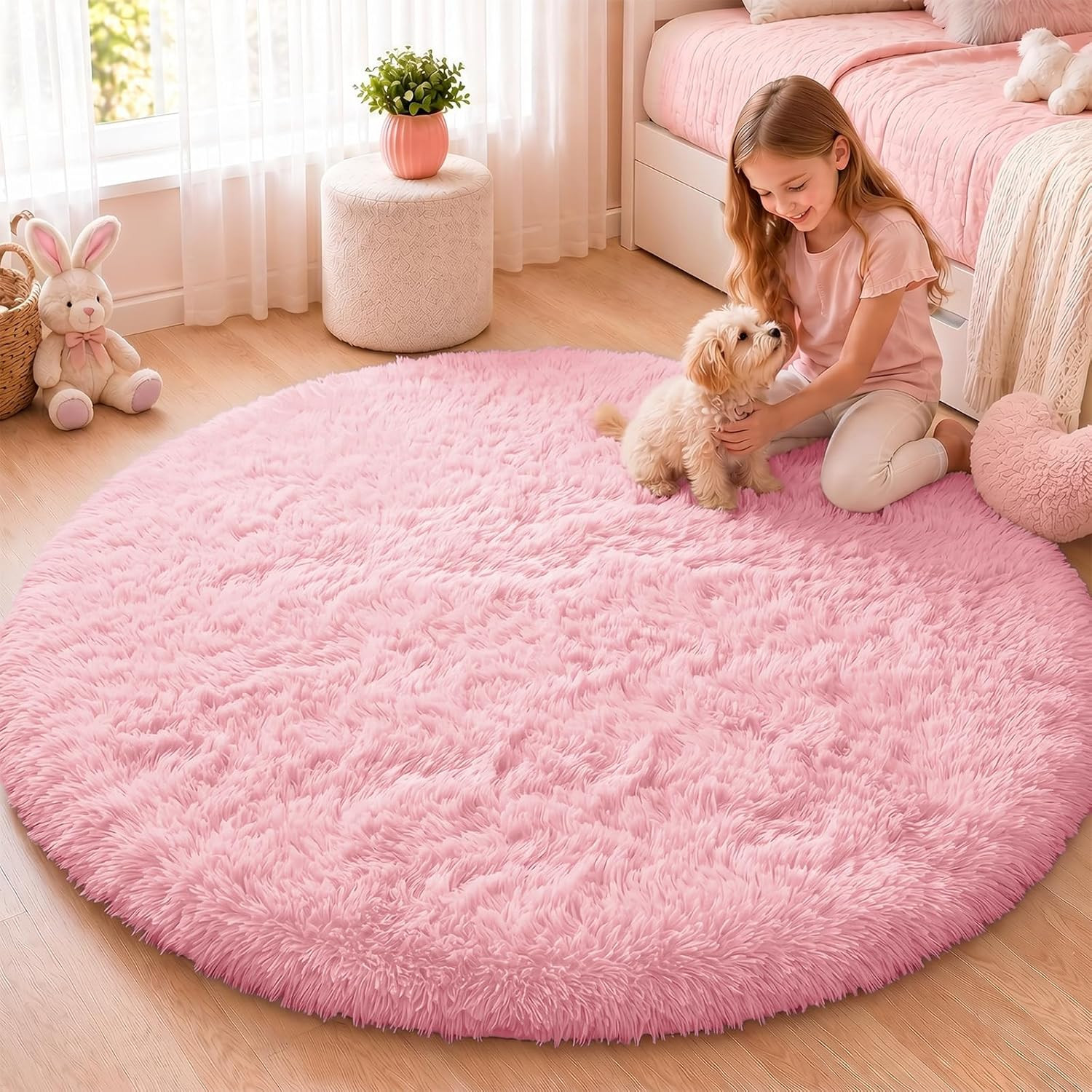 Pink Round Rugs for Bedroom – Machine Washable, 4 ft Circle Area Rugs for Living