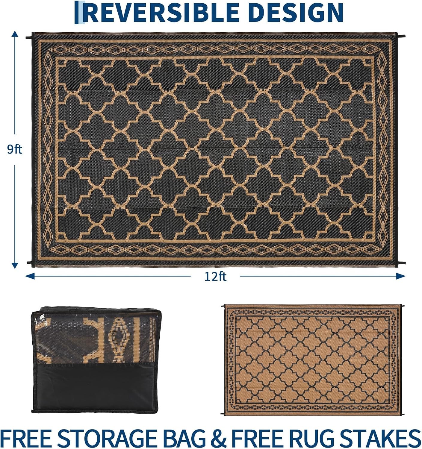 Outdoor Rug Plastic Straw Reversible Carpet Mat for Patio Camping Backyard Deck