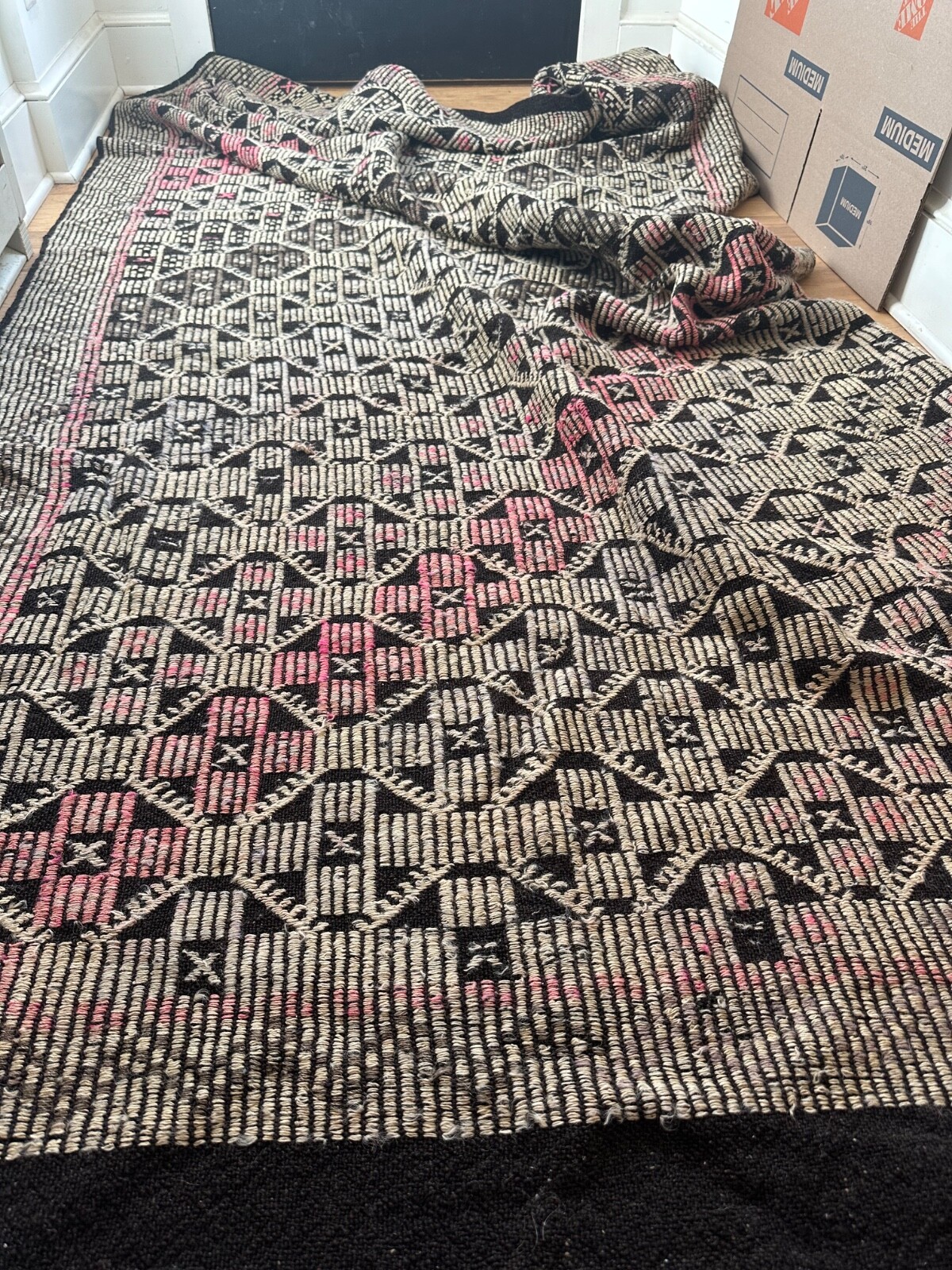 Revival Home Rug Turkish Kilim Vintage 9×5 Muted Colors Browns Pink Cream Woven