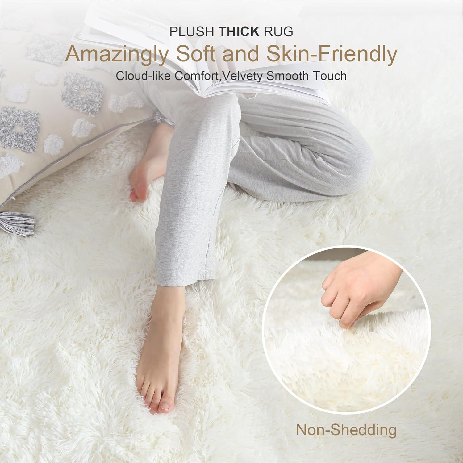 Thick Area Rug 4X6 Cream White Fluffy Shag for Bedroom, Soft Washable Fuzzy Shag